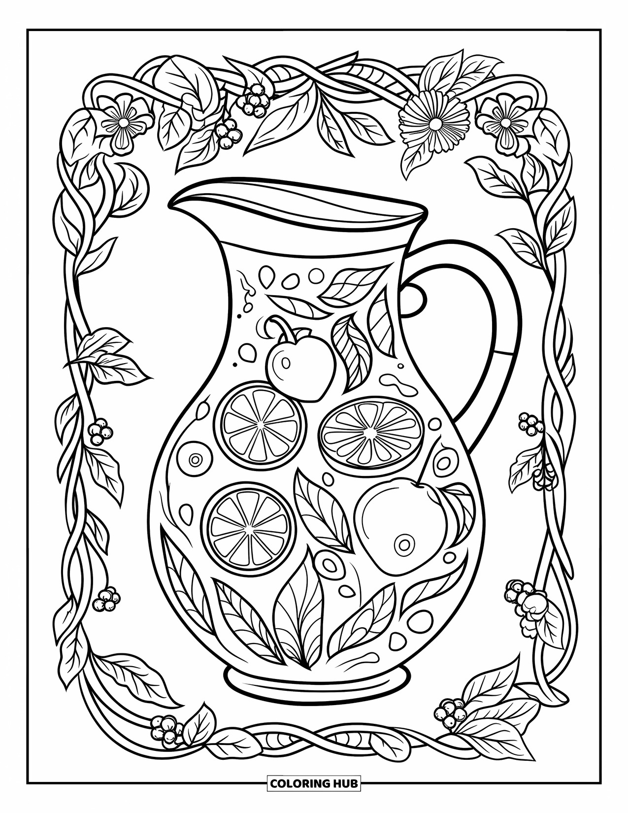 Coloriage de boisson pour adultes : Un pichet d'eau infusé aux fruits avec des baies flottantes et des tranches d'agrumes a un motif floral complexe