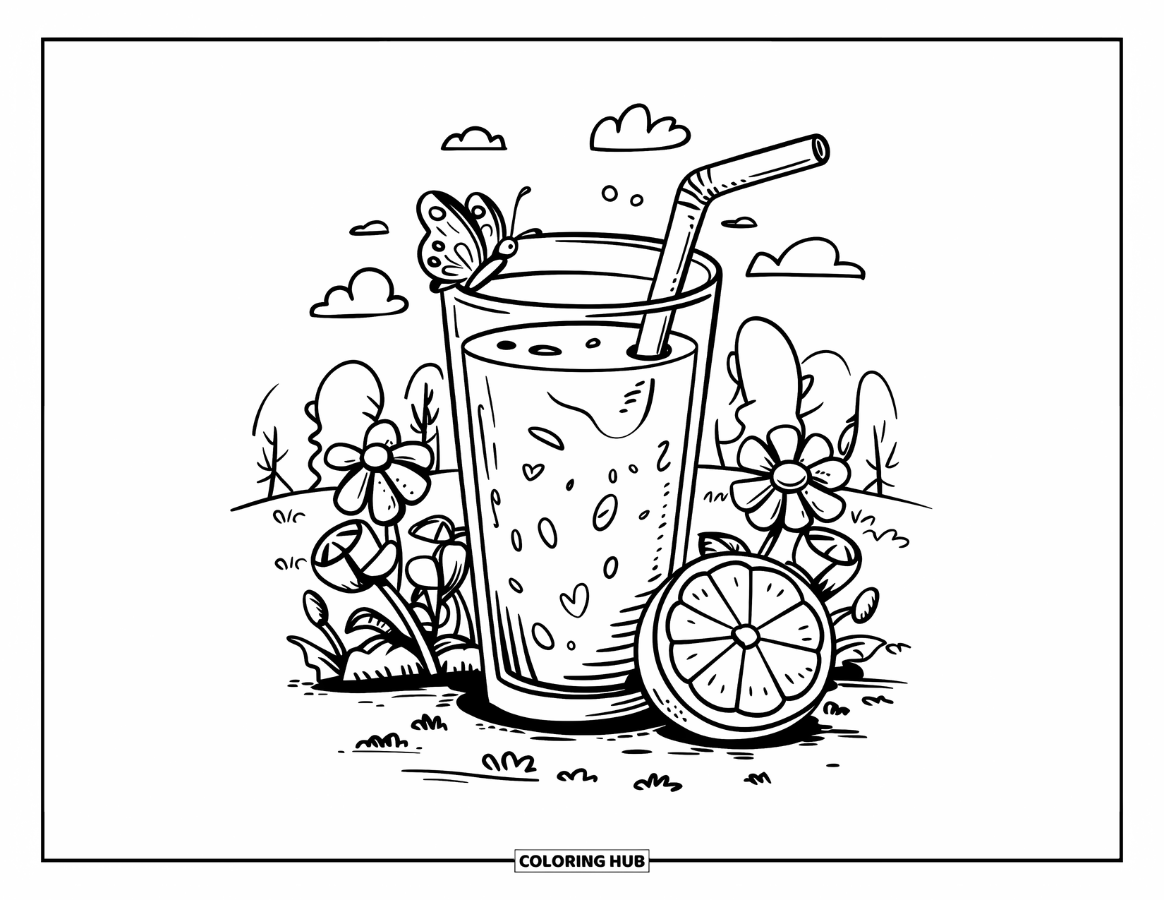 Coloriage de boisson pour adultes : Un verre de jus d'orange ludique avec un papillon et une tranche d'orange souriante est servi dans une prairie