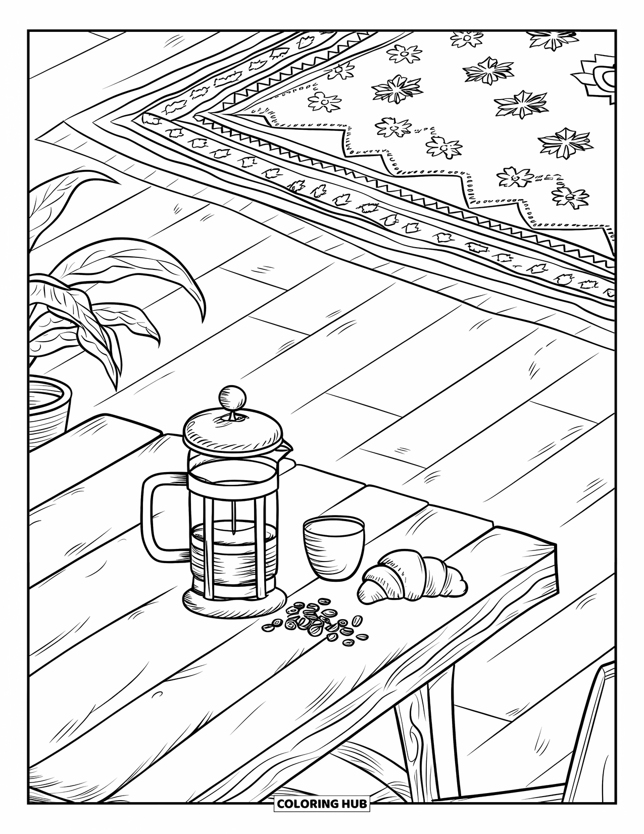 Coloriage de boisson pour adultes : Une table en bois rustique avec une cafetière à piston, des grains de café et un croissant repose sur un tapis à motifs