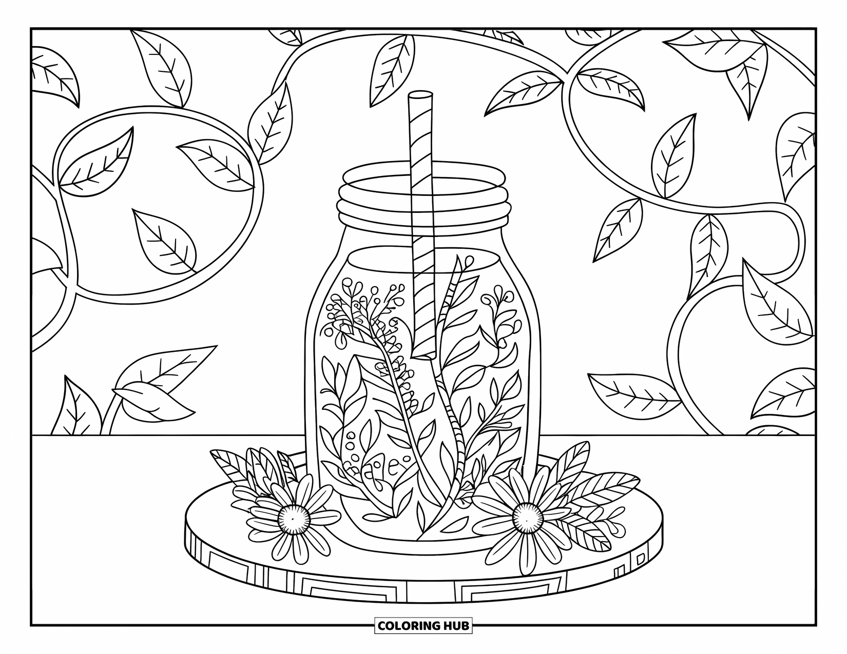 Coloriage de boisson pour adultes : Une boisson détox sur le thème du spa dans un bocal est posée sur une planche de bois avec un fond floral complexe