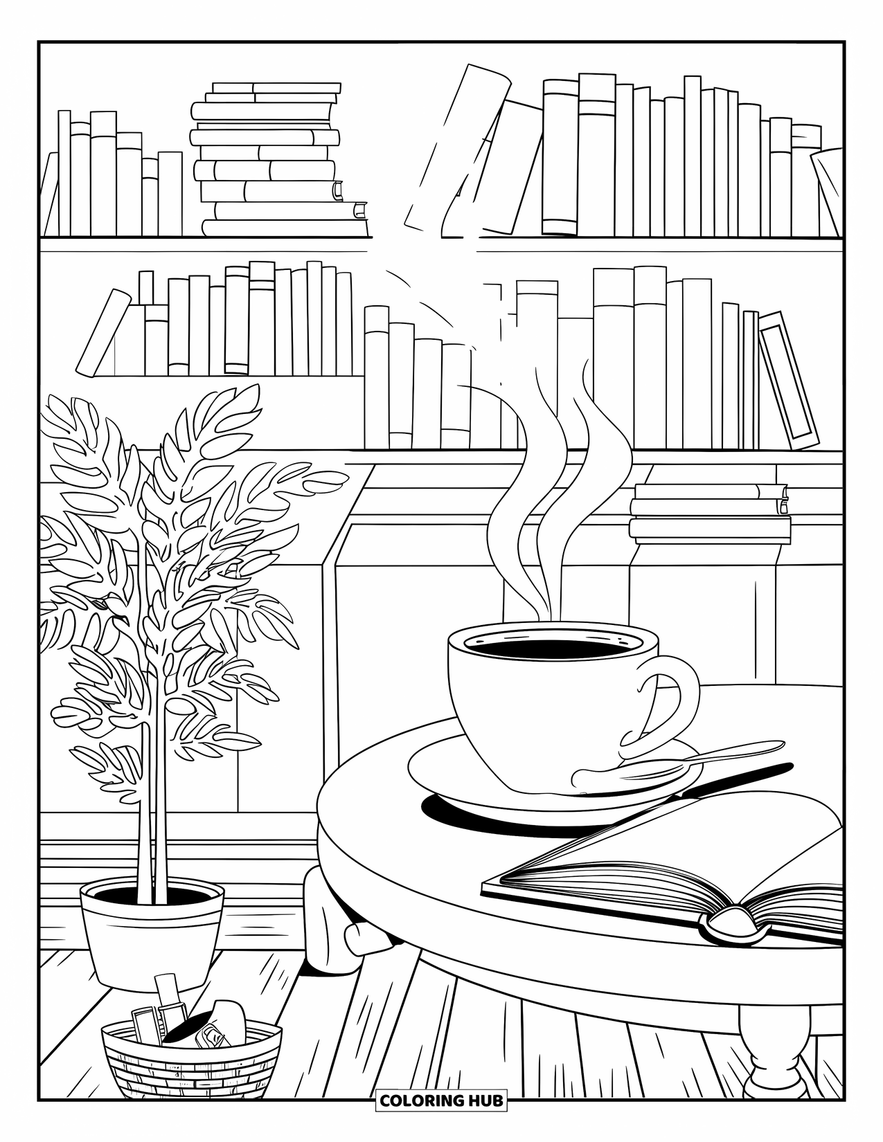 Coloriage de boisson pour adultes : Une tasse de café fumante est posée sur une table près d’une bibliothèque dans un café confortable