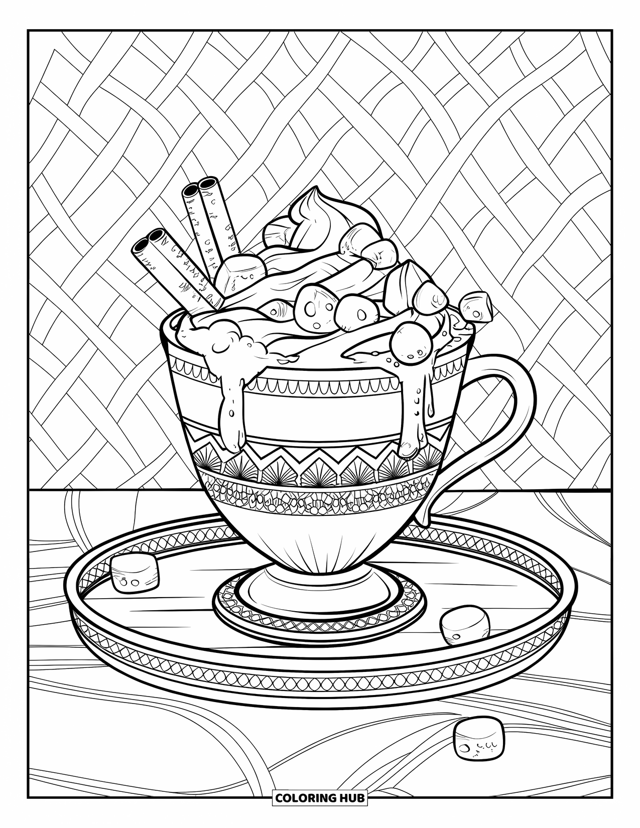 Coloriage de boisson pour adultes : Une tasse fumante de chocolat chaud avec de la cannelle et des guimauves repose sur une soucoupe en bois