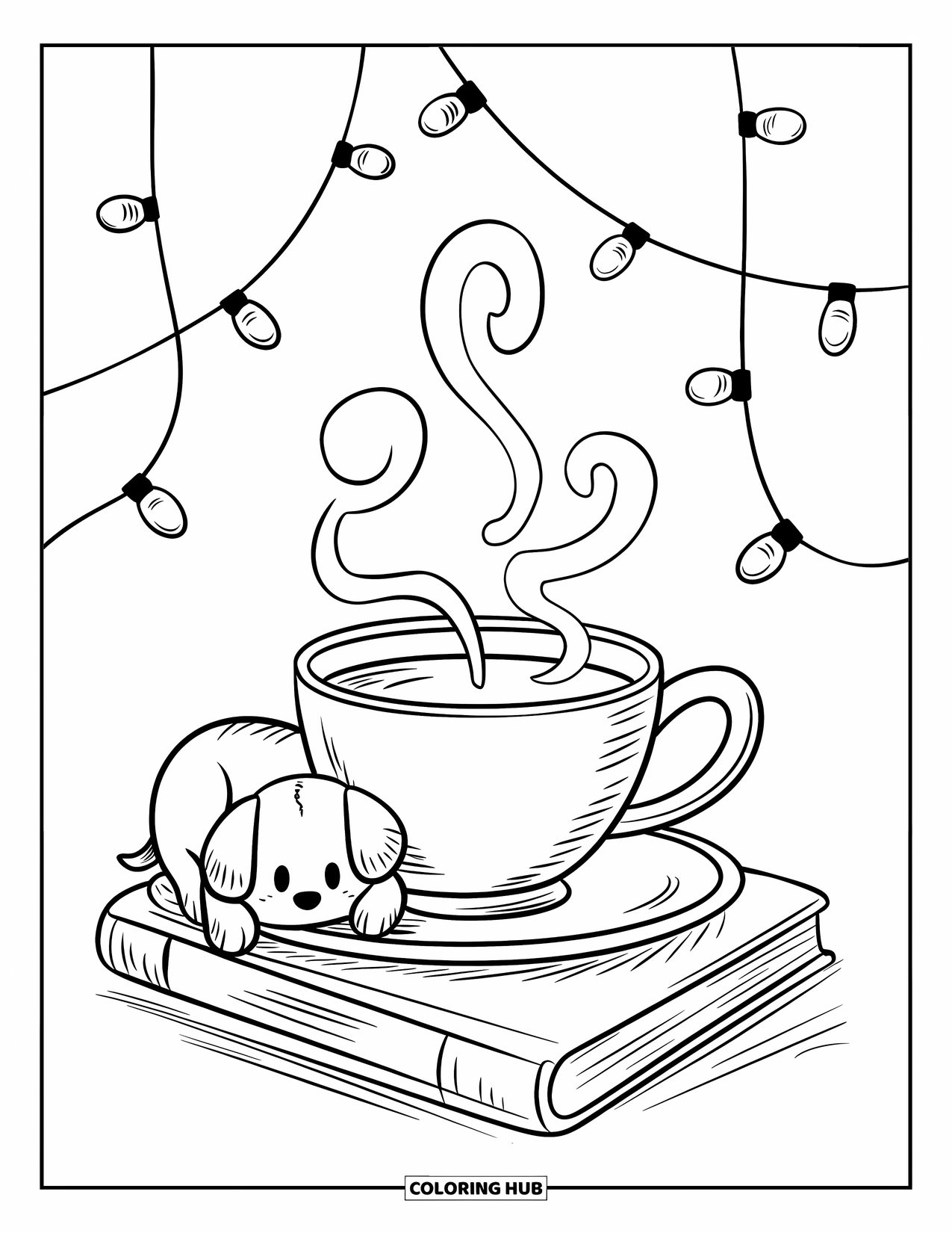 Coloriage de boisson pour adultes : Une tasse de thé fumante sur une pile de livres est posée à côté d'un chiot endormi dans un coin confortable