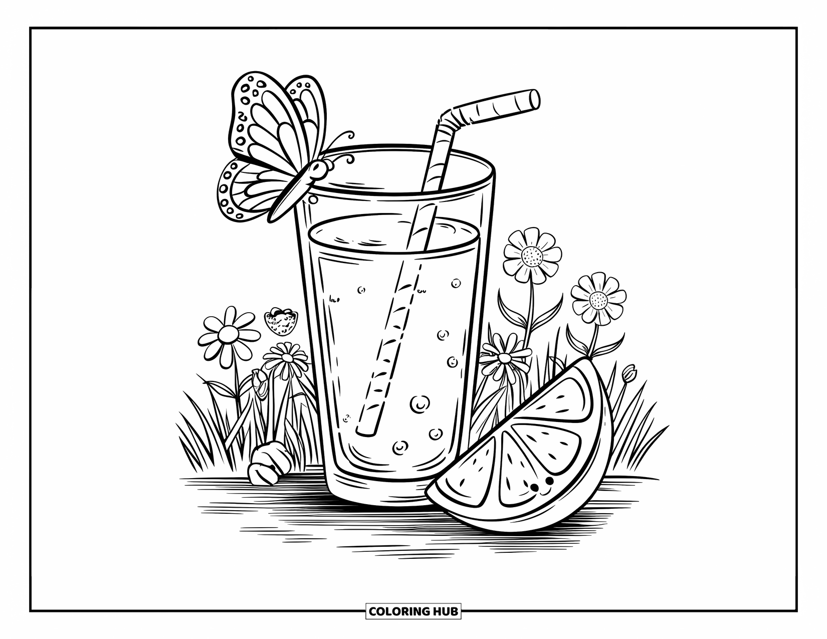 Coloriage de boisson pour adultes : Un grand verre de jus d'orange avec une paille est servi dans une prairie d'été fleurie avec un papillon