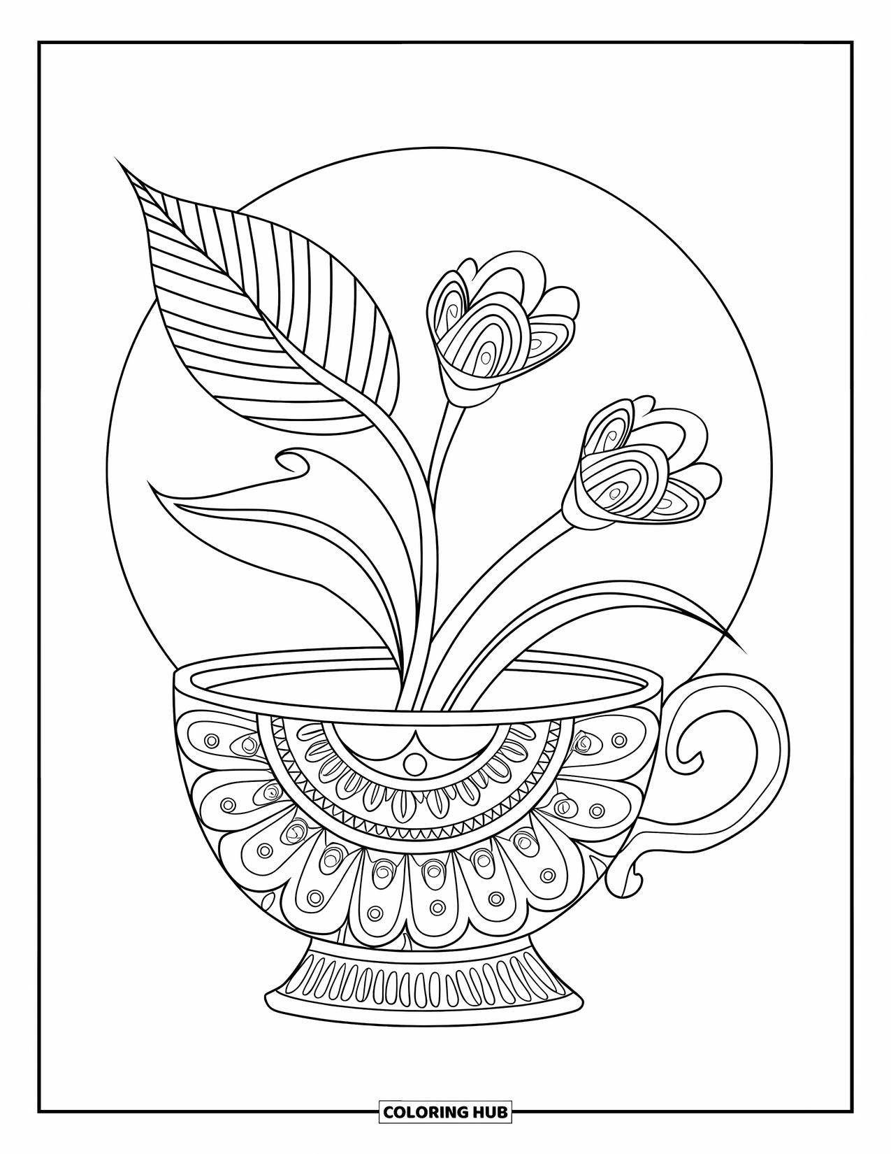 Coloriage de boisson pour adultes : Une tasse à thé avec des motifs floraux tourbillonnants se trouve au centre d’un motif décoratif inspiré du mandala