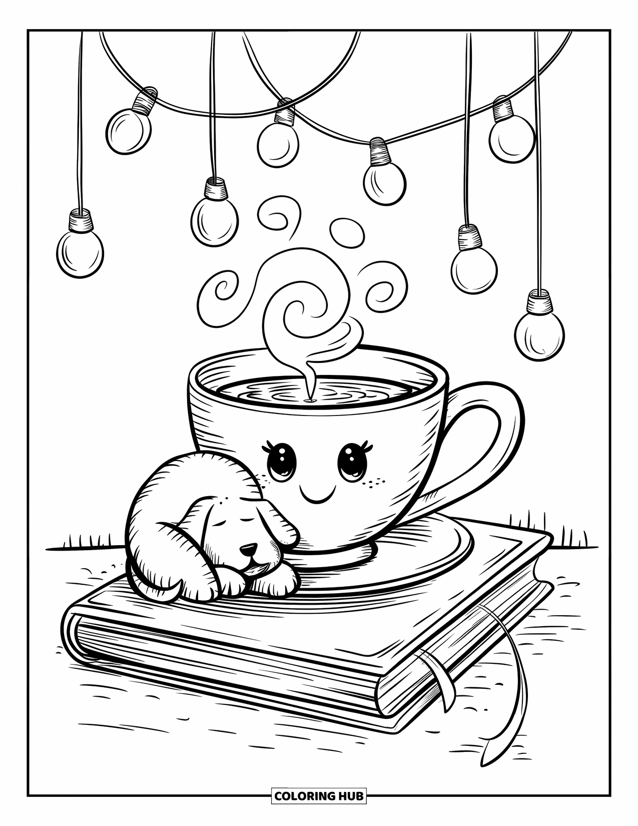 Coloriage de boisson pour adultes : Une tasse à thé avec de la vapeur tourbillonnante repose sur des livres à côté d'un chiot recroquevillé sous des guirlandes lumineuses