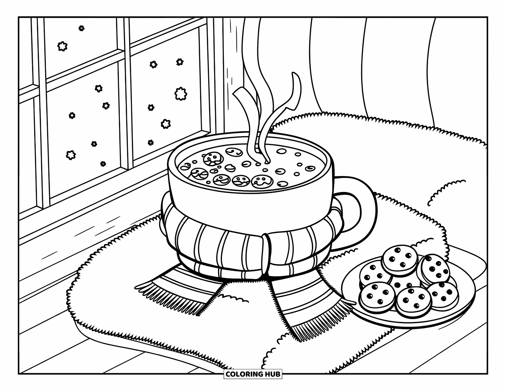 Coloriage de boisson pour adultes : Une tasse de chocolat chaud chaude avec une écharpe et des guimauves est posée près d'une fenêtre enneigée
