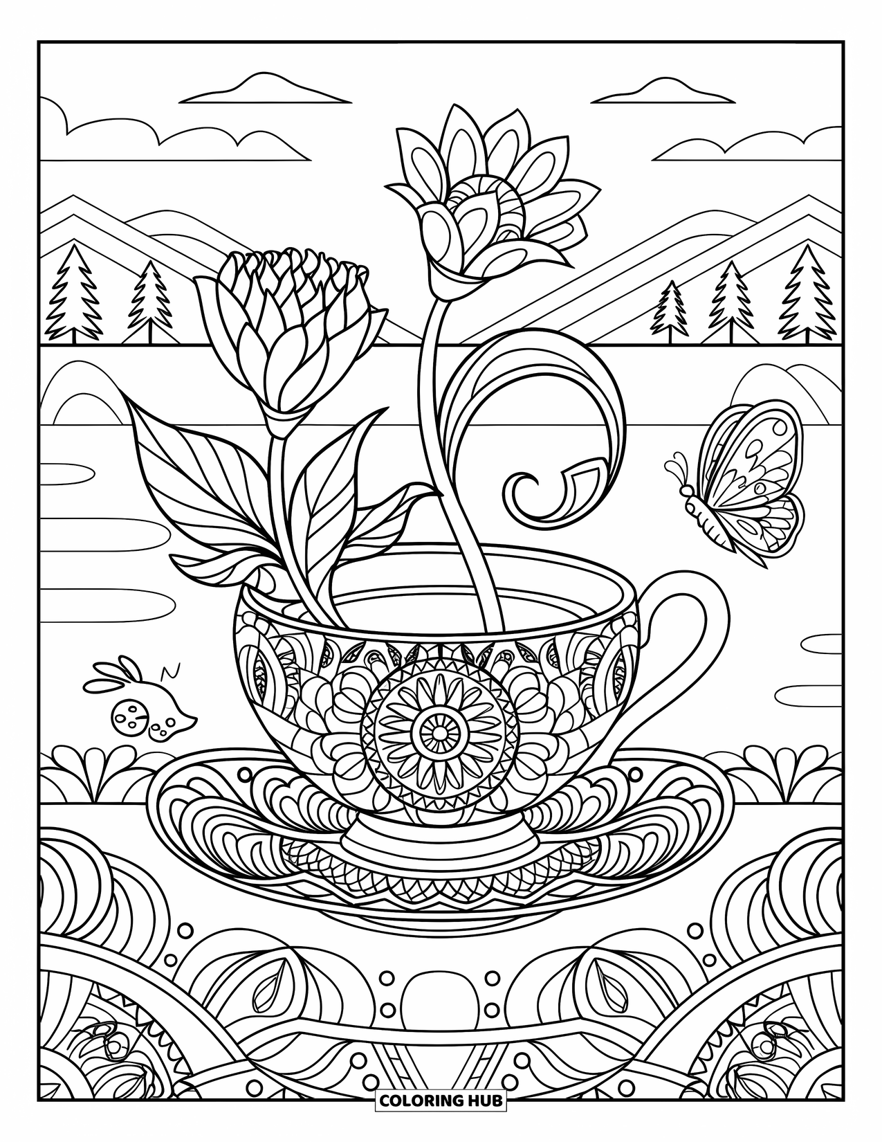 Coloriage de boisson pour adultes : Une tasse à thé aux motifs complexes avec des fleurs et un papillon repose contre un paysage serein