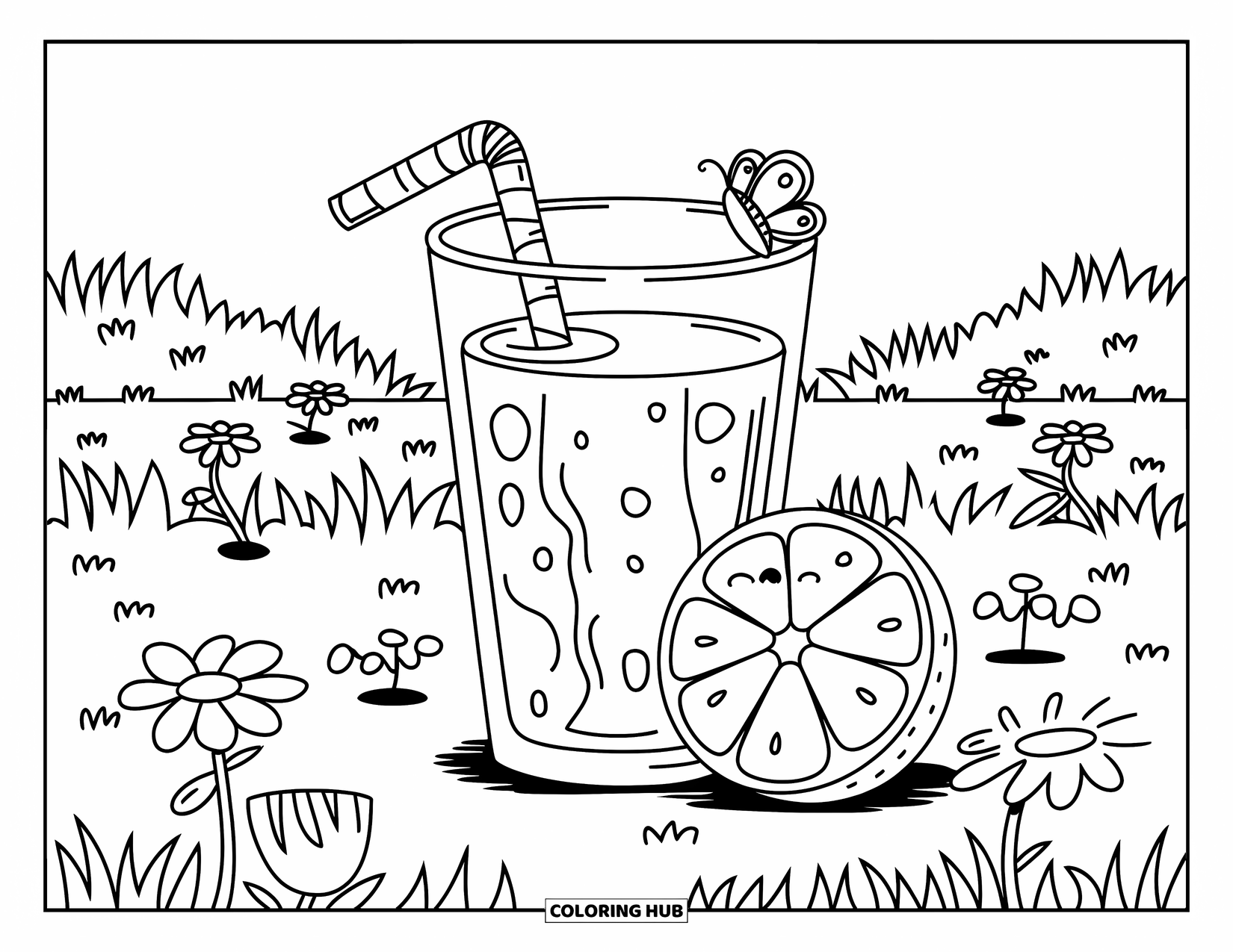 Coloriage de boisson pour adultes : Un verre de jus d'orange avec une paille et une jolie tranche d'orange repose parmi les fleurs au soleil