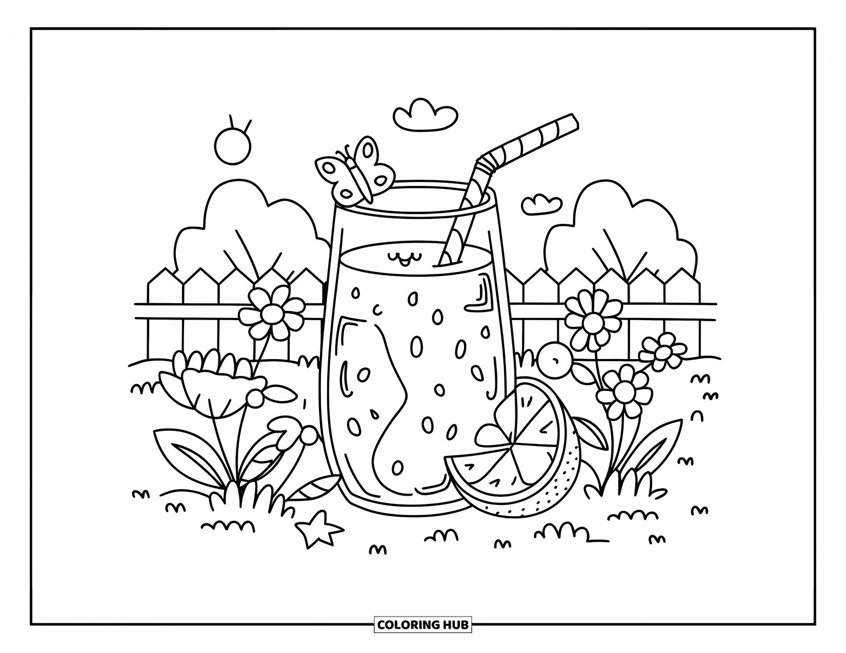 Coloriage de boisson pour adultes : Un verre de jus d'orange avec un petit papillon et une tranche d'orange joyeuse repose près d'une clôture