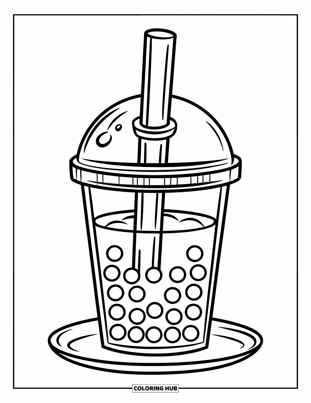 Coloriage de boisson pour enfants : Une tasse de thé aux perles avec des perles de tapioca et une paille épaisse est posée sur une soucoupe