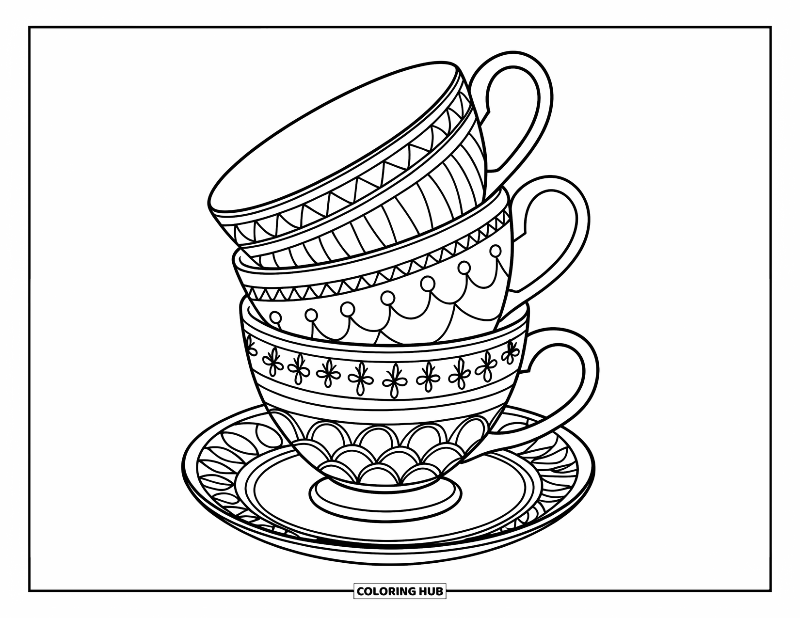 Coloriage de boisson pour enfants : Une charmante pile de tasses à thé aux motifs uniques est posée sur une base en bois