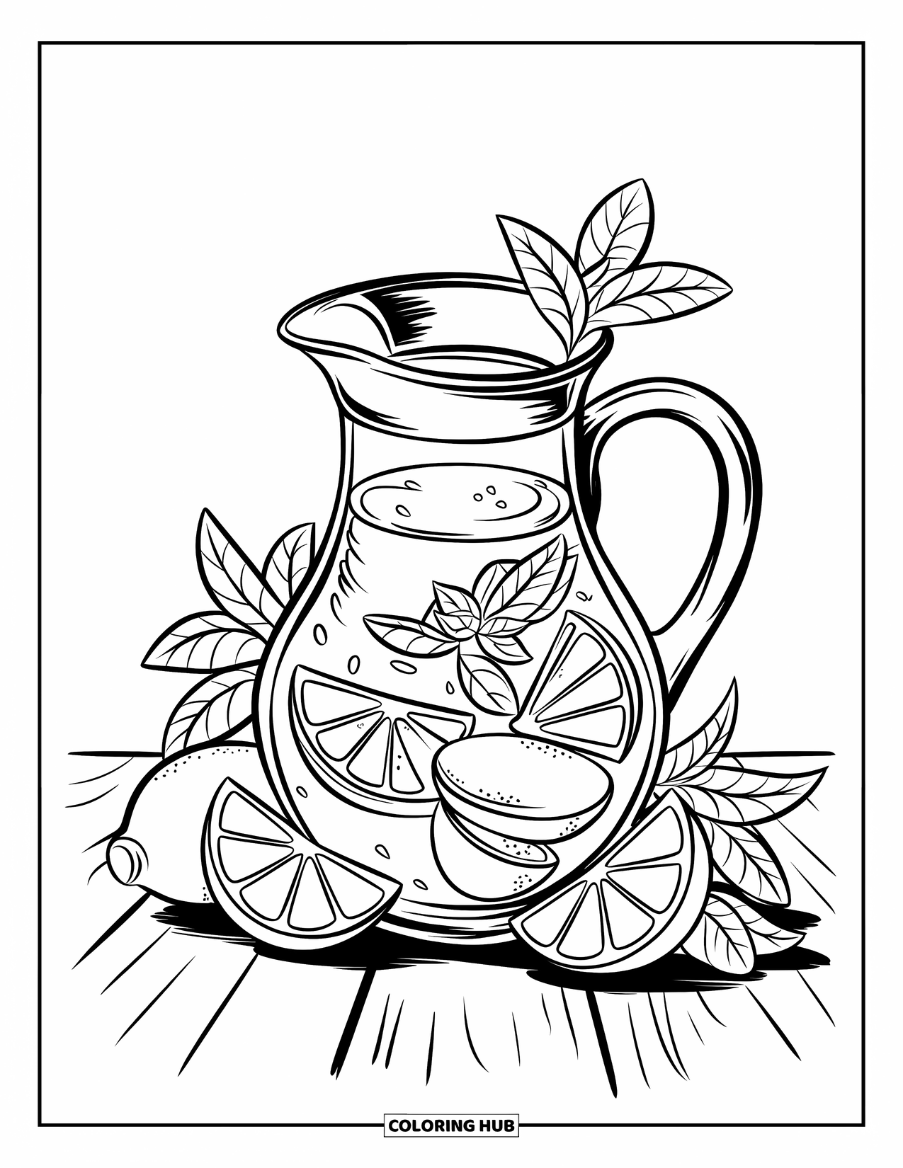 Coloriage de boisson pour enfants : Un pichet de limonade classique entouré de quartiers de citron et de feuilles de menthe sur un fond simple