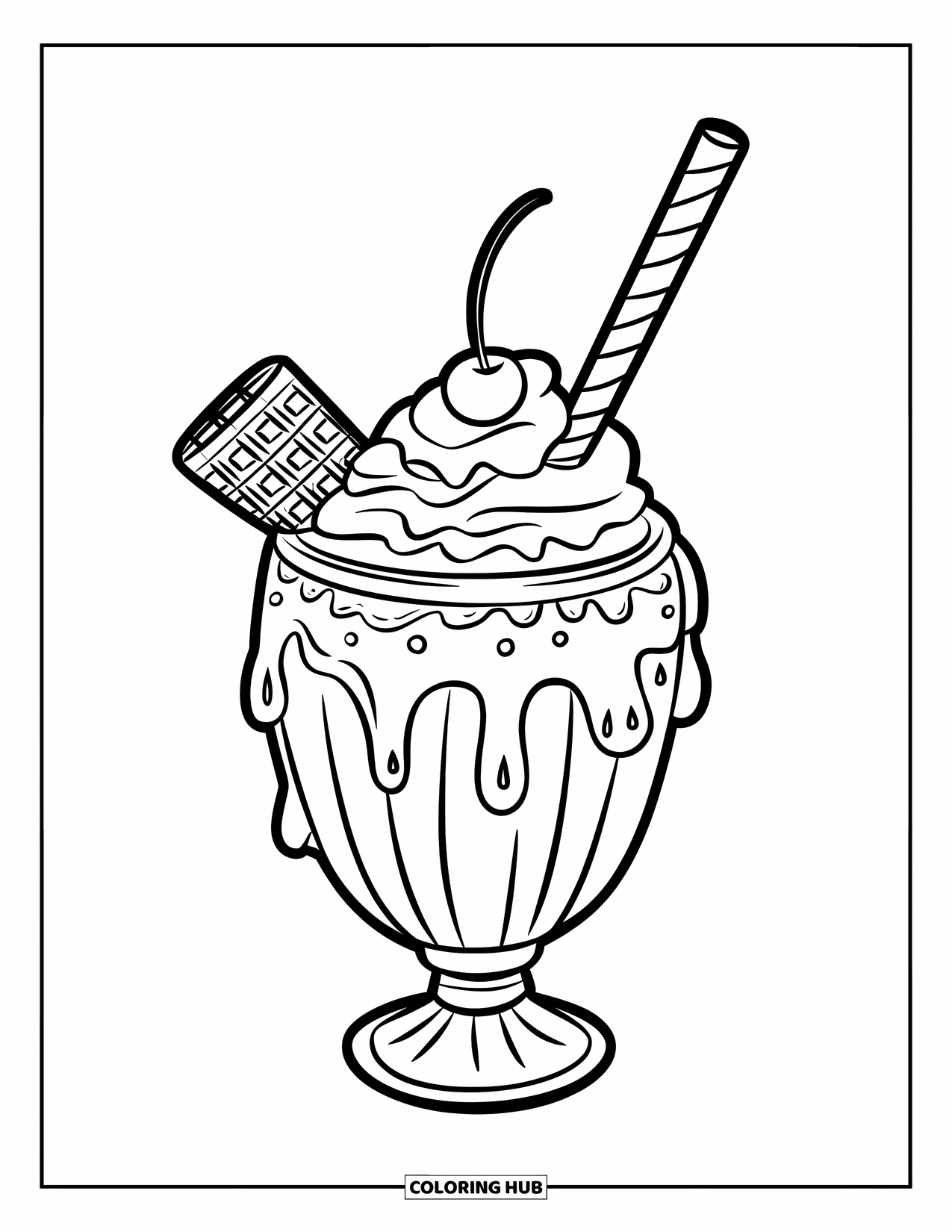 Coloriage de boisson pour enfants : Un milkshake classique avec de la crème fouettée, une paille rayée et une gaufrette est servi dans un verre