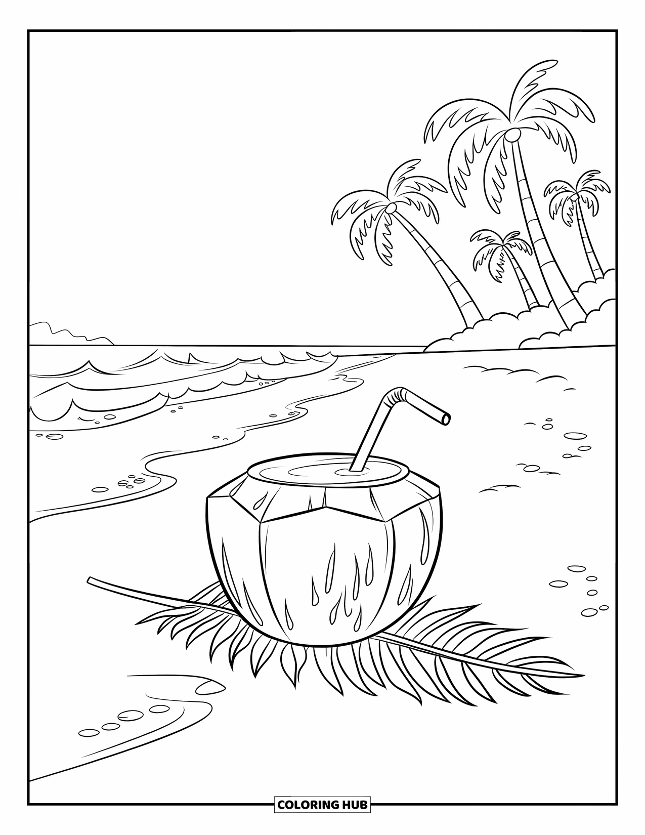 Coloriage de boisson pour enfants : Une boisson à la noix de coco sur une feuille de palmier est posée sur le rivage avec des vagues et des palmiers qui se balancent à proximité
