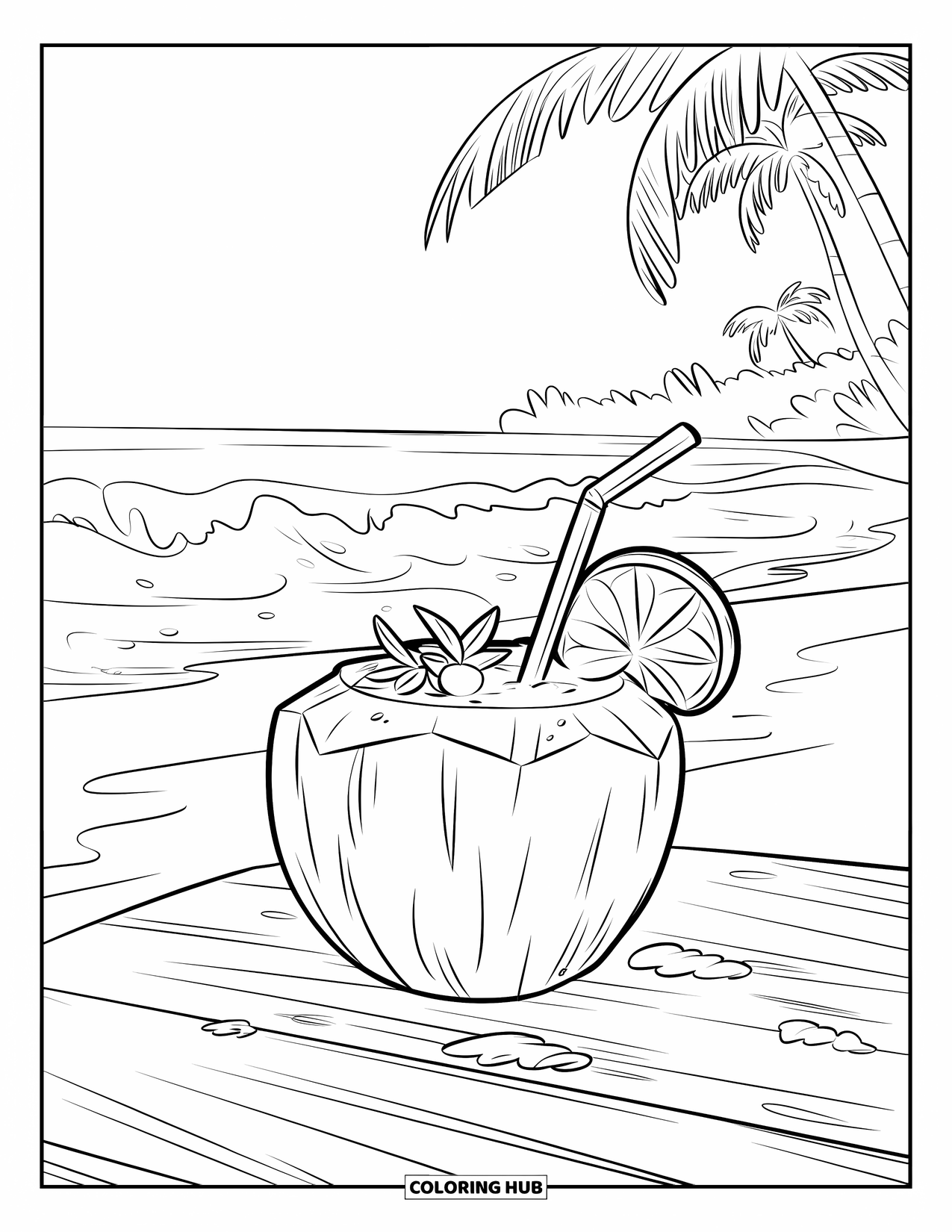 Coloriage de boisson pour enfants : Une boisson à la noix de coco repose sur une table de sable avec des vagues déferlantes et des palmiers en arrière-plan