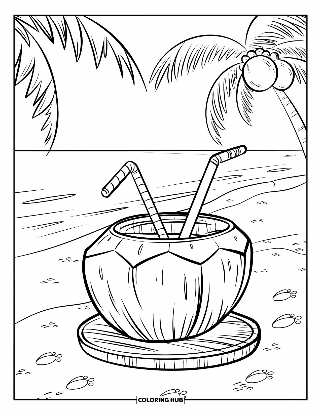 Coloriage de boisson pour enfants : Une boisson à la noix de coco avec une paille est posée sur un plateau en bois, entourée de sable et de palmiers
