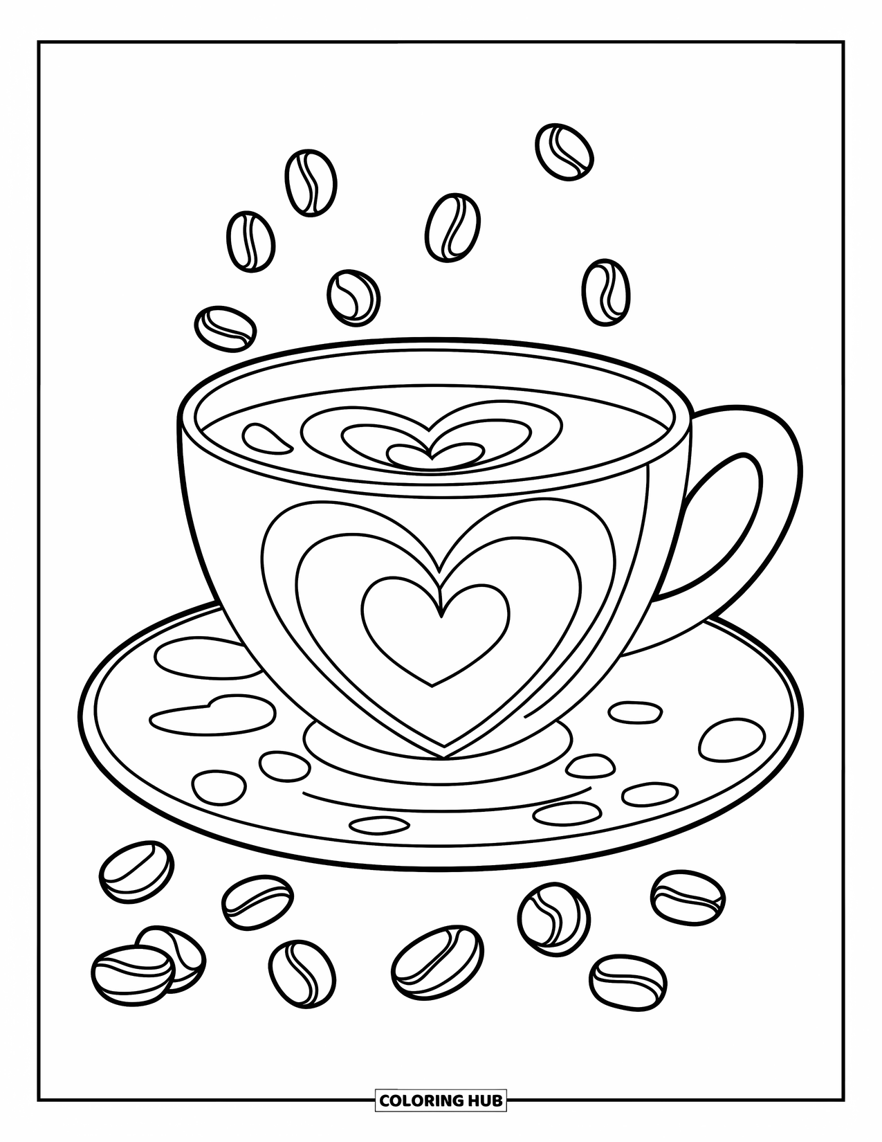Coloriage de boisson pour enfants : Une tasse de café avec un motif de cœur dans sa mousse repose sur une soucoupe avec des grains de café à proximité
