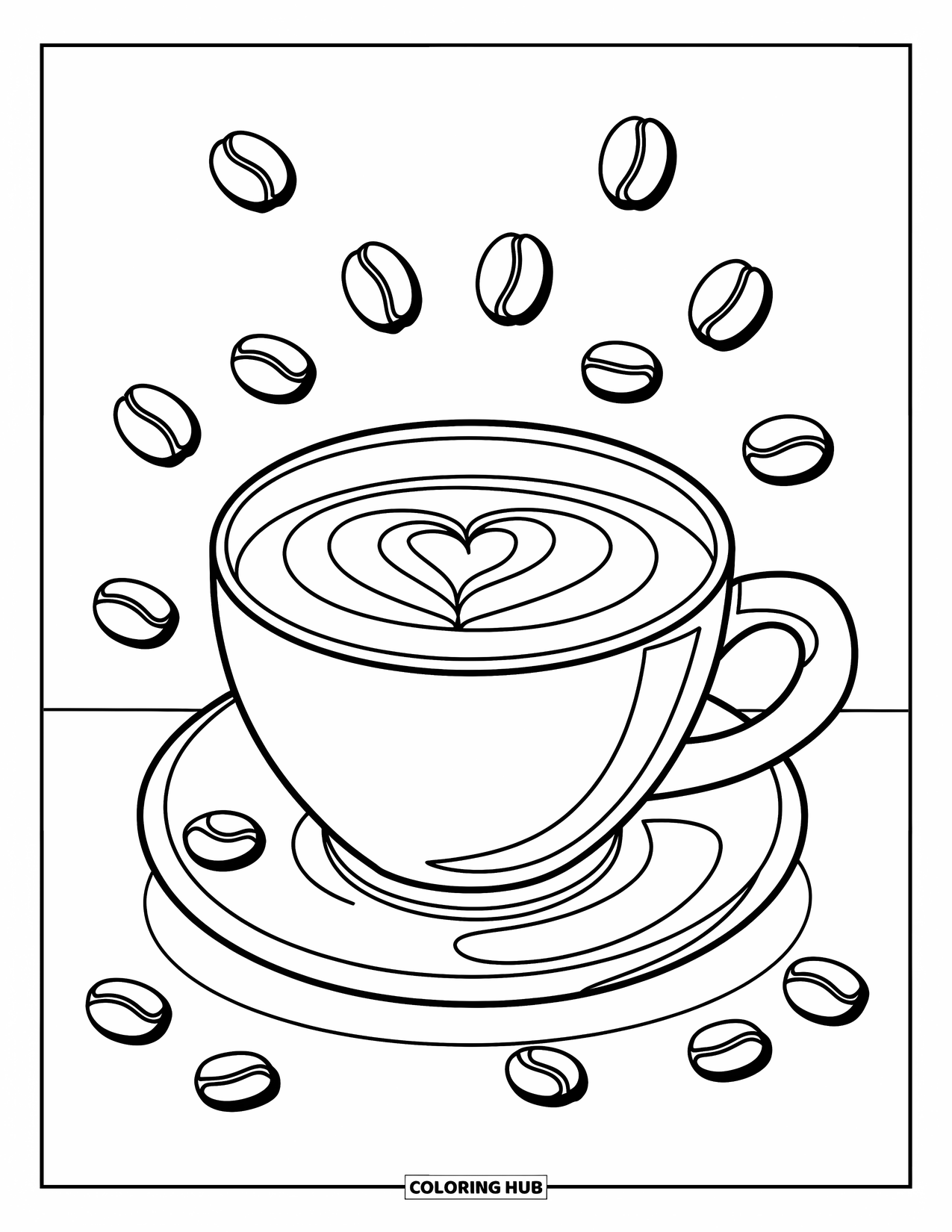 Coloriage de boisson pour enfants : Une tasse de café avec un motif de mousse en forme de cœur est posée sur une simple surface blanche