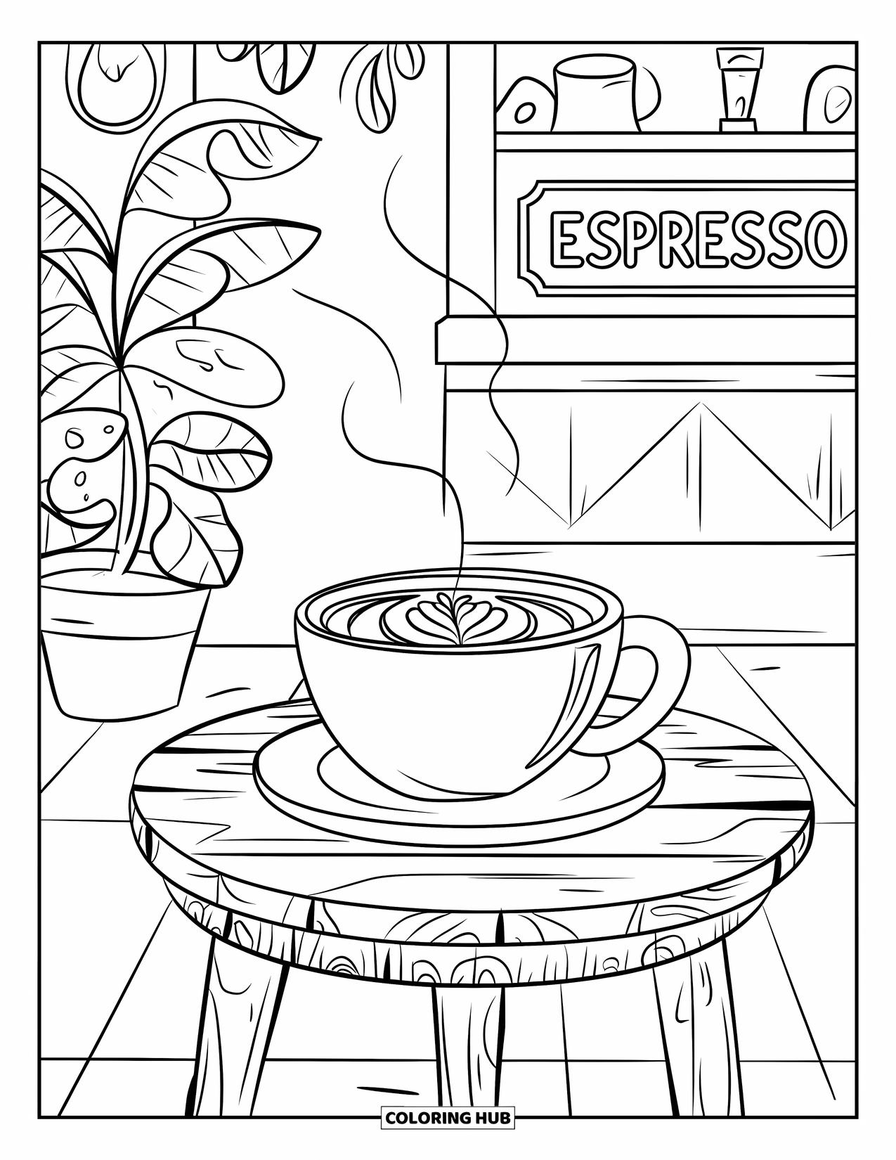 Coloriage de boisson pour enfants : Une scène de café chaleureux présente un latte fumant sur une table en bois rustique avec des plantes