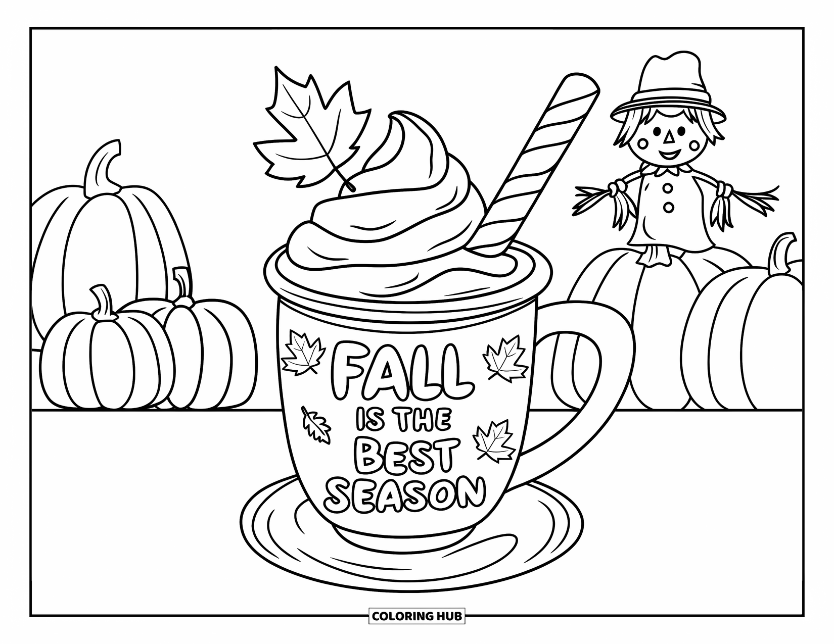Coloriage de boisson pour enfants : Une tasse d'automne confortable avec de la crème fouettée et un bâton de menthe poivrée est posée dans un champ de citrouilles