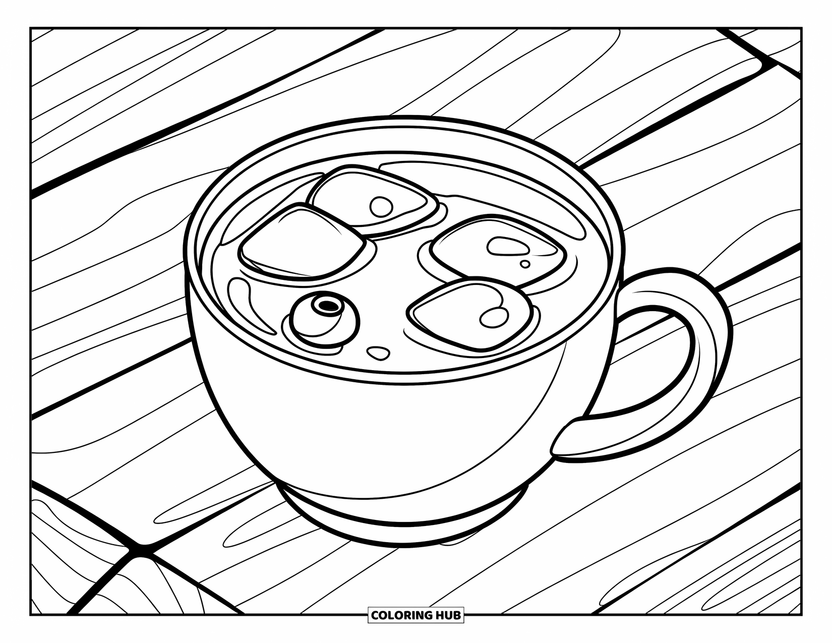 Coloriage de boisson pour enfants : Une tasse de jus de myrtille avec des glaçons est posée sur une surface en bois avec une myrtille flottante