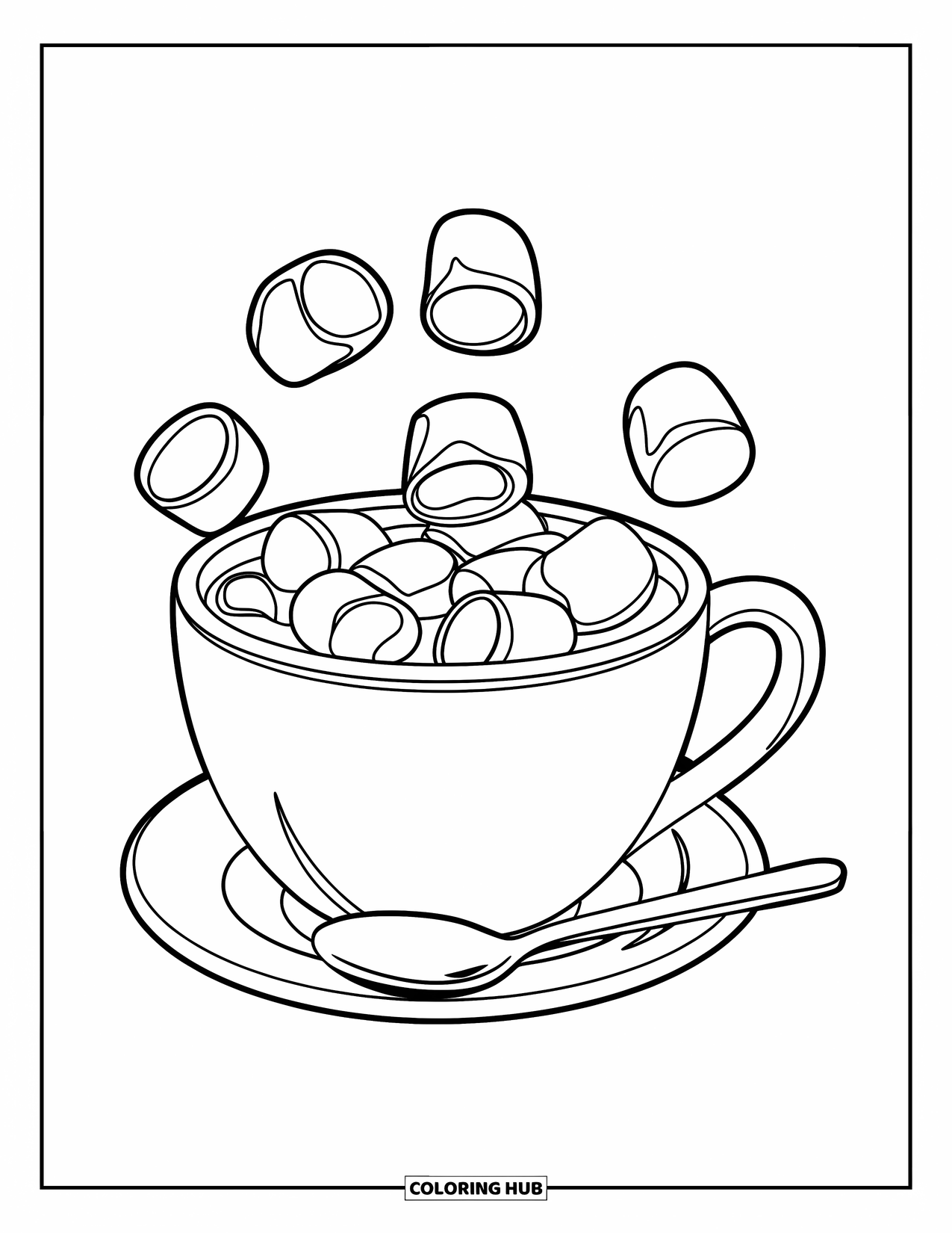 Coloriage de boisson pour enfants : Une tasse de chocolat chaud avec des guimauves flottantes est posée à côté d'une cuillère sur une table en bois