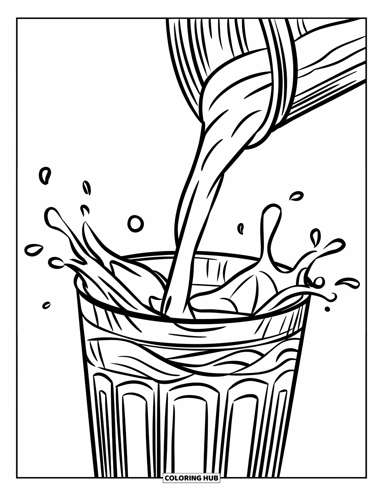 Coloriage de boisson pour enfants : Un effet de gouttes entoure un verre lorsqu'une boisson y est versée, créant une scène vivante