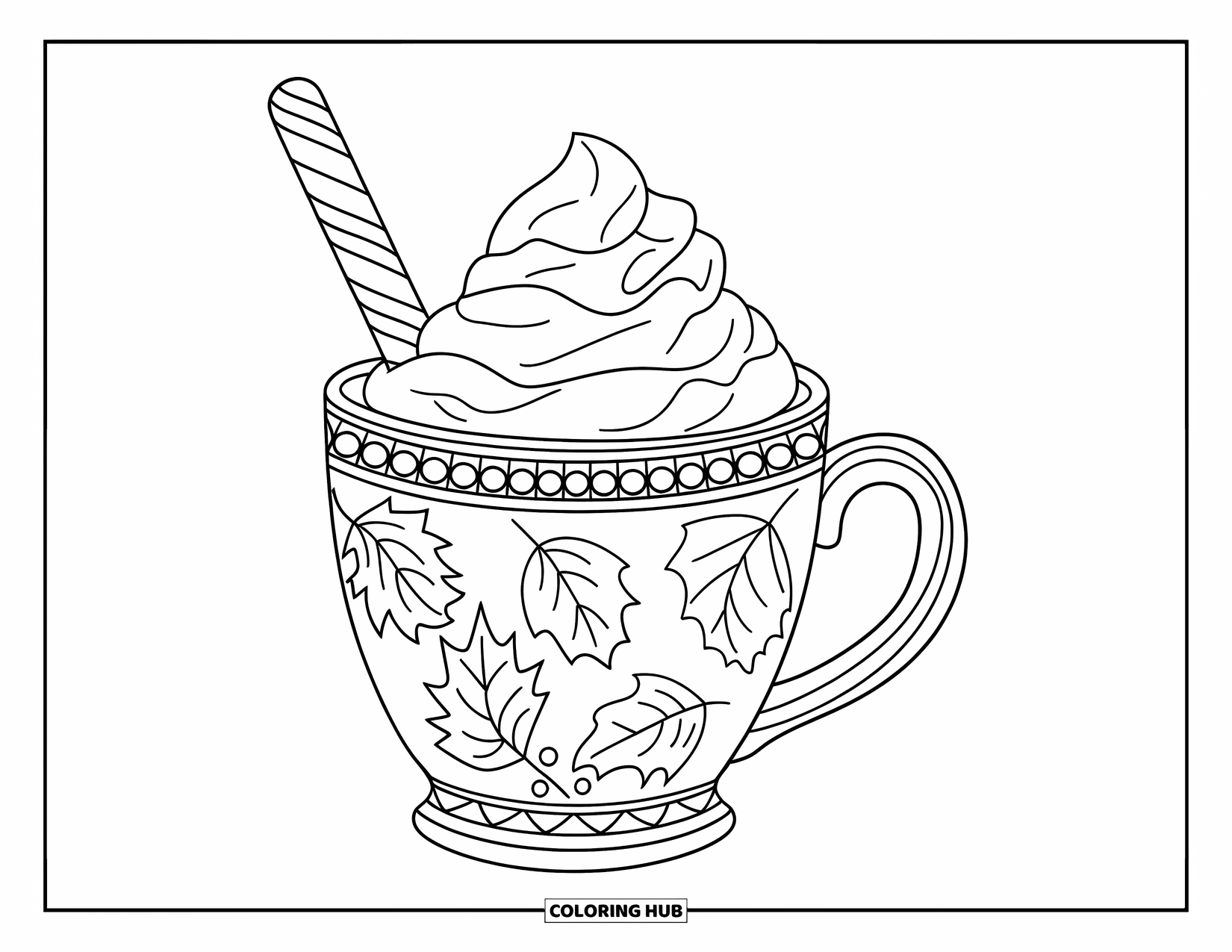 Coloriage de boisson pour enfants : Une tasse sur le thème de l'automne avec de la crème fouettée et un bâton de sucre d'orge est posée sur une surface en bois