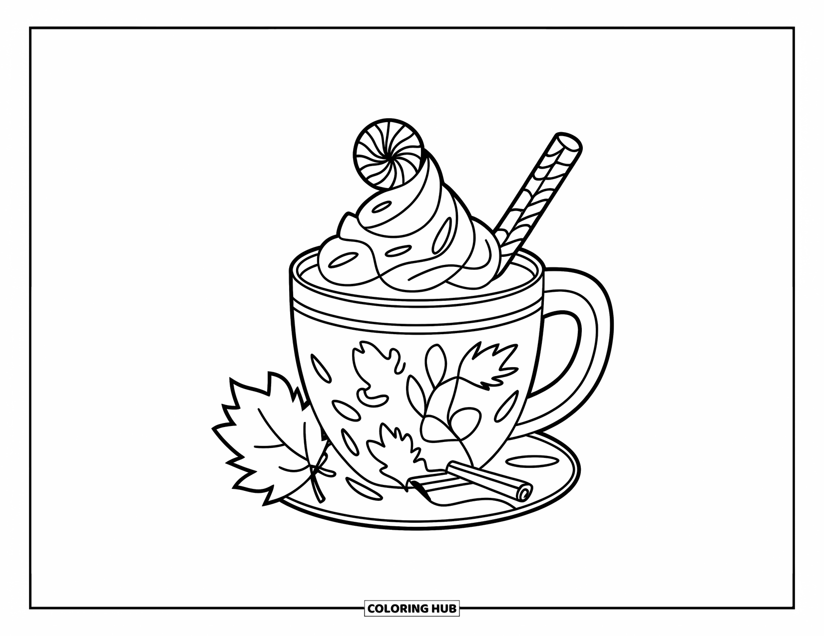 Coloriage de boisson pour enfants : Une tasse festive d'automne remplie d'une boisson chaude présente de la cannelle, des feuilles d'automne et de la crème fouettée