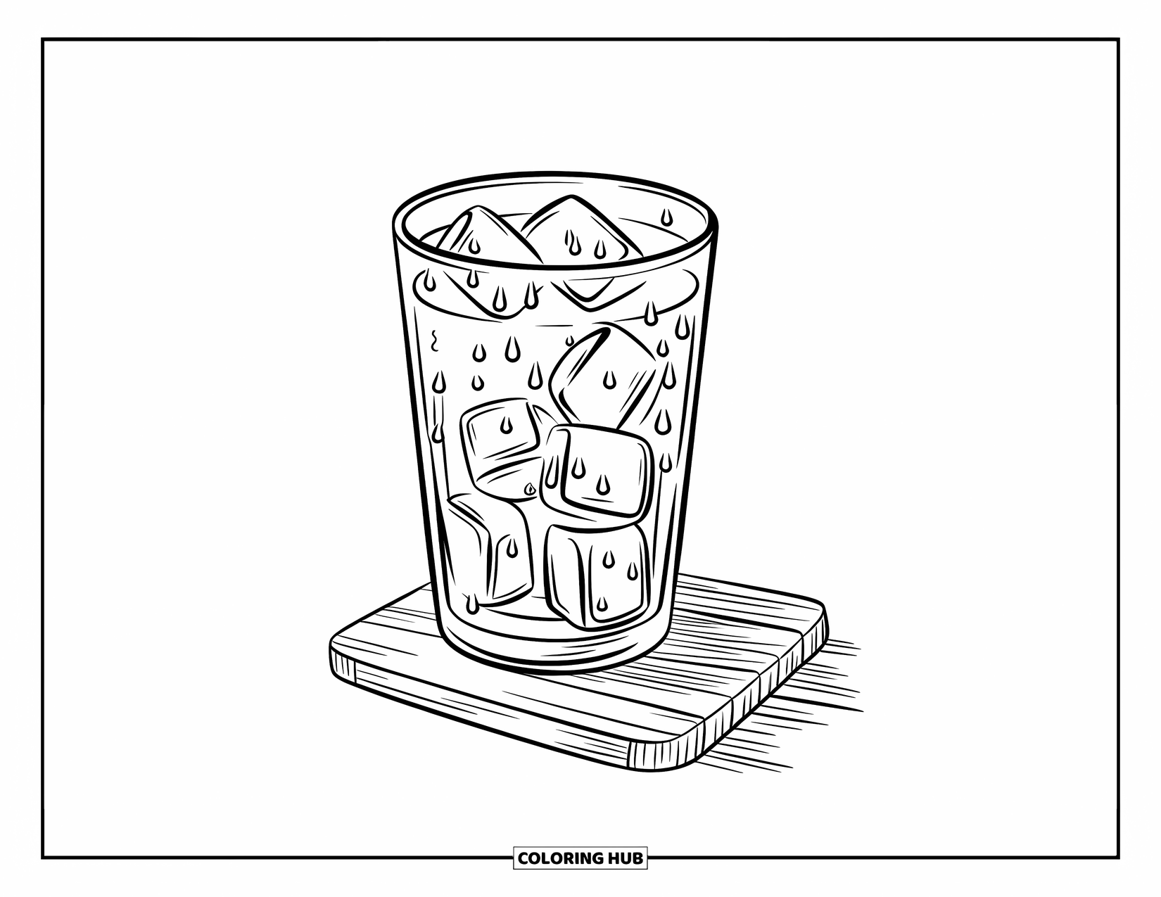 Coloriage de boisson pour enfants : Un verre de limonade glacée avec des glaçons et de la condensation repose sur une planche de bois