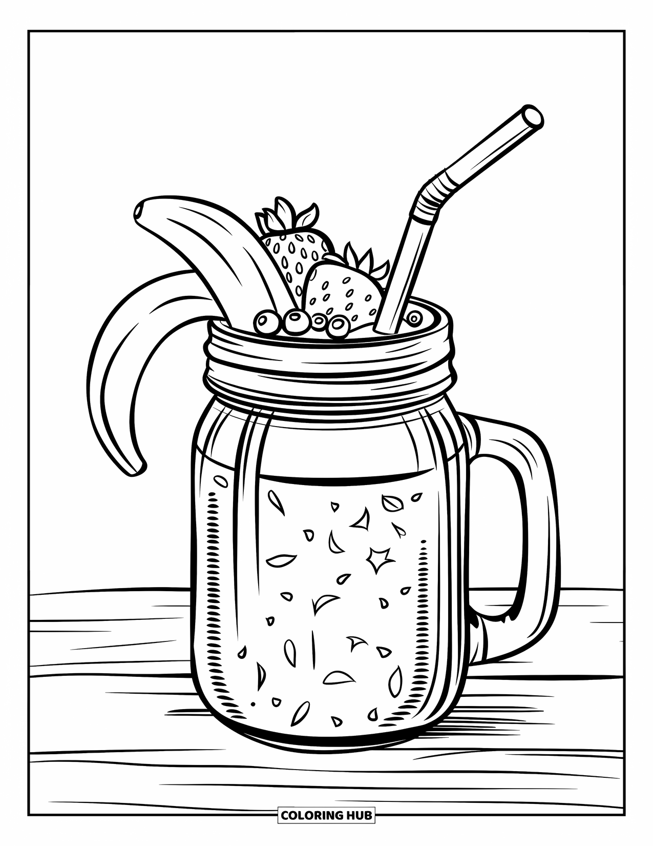 Coloriage de boisson pour enfants : Un smoothie vert dans un bocal Mason avec des garnitures de fruits repose sur une table en bois
