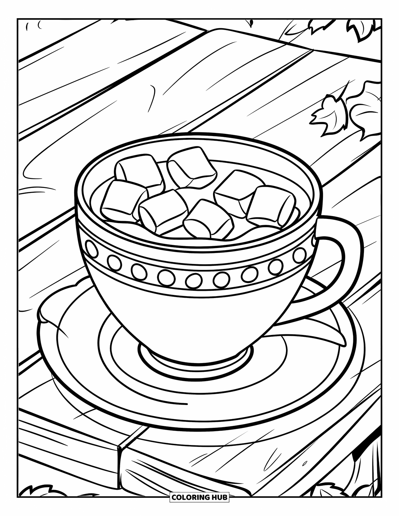 Coloriage de boisson pour enfants : Une tasse de chocolat chaud avec des guimauves est posée sur une table en bois avec des feuilles d'automne éparpillées