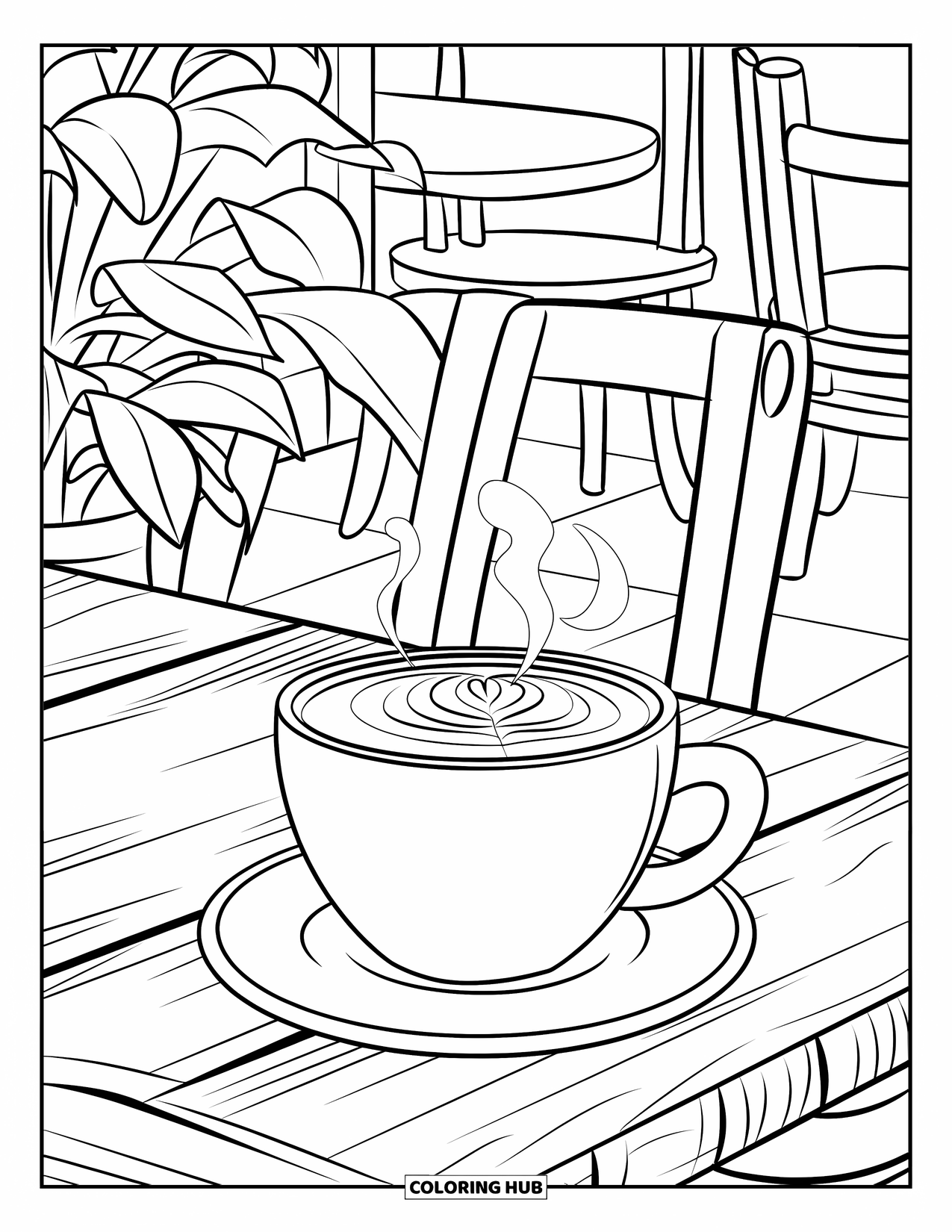 Coloriage de boisson pour enfants : Un latte sur une table en bois rustique est entouré de chaises, d'une plante en pot et de décorations