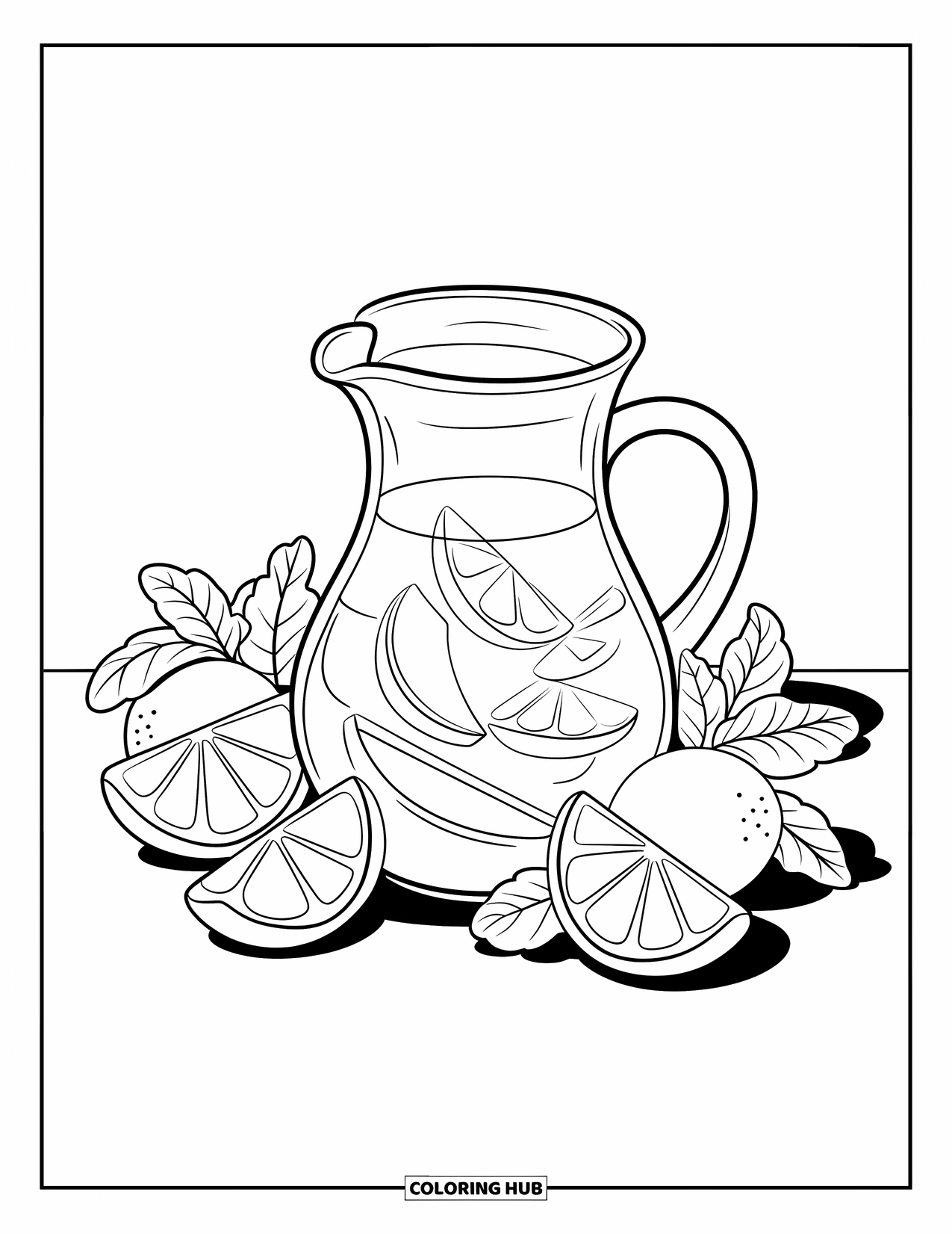 Coloriage de boisson pour enfants : Un pichet de limonade avec une poignée et un bec verseur est entouré de quartiers de citron et de feuilles de menthe