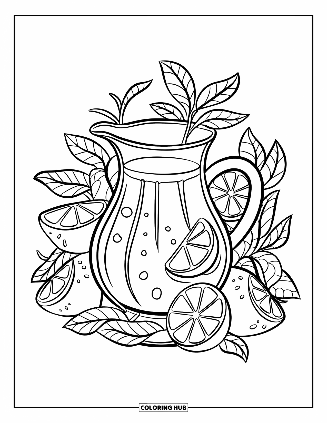 Coloriage de boisson pour enfants : Un pichet de limonade avec des quartiers de citron et des feuilles de menthe est posé sur une surface en bois