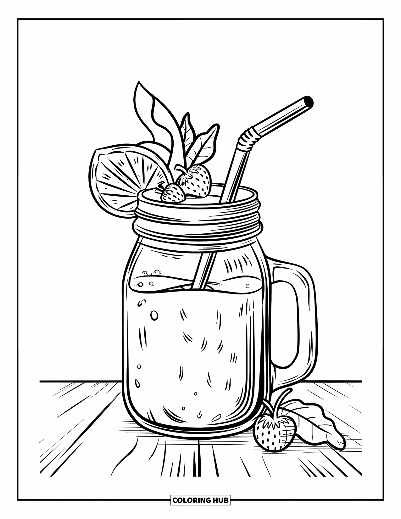 Coloriage de boisson pour enfants : Un bocal Mason avec un smoothie, une paille en métal et des garnitures de fruits est posé sur une surface en bois