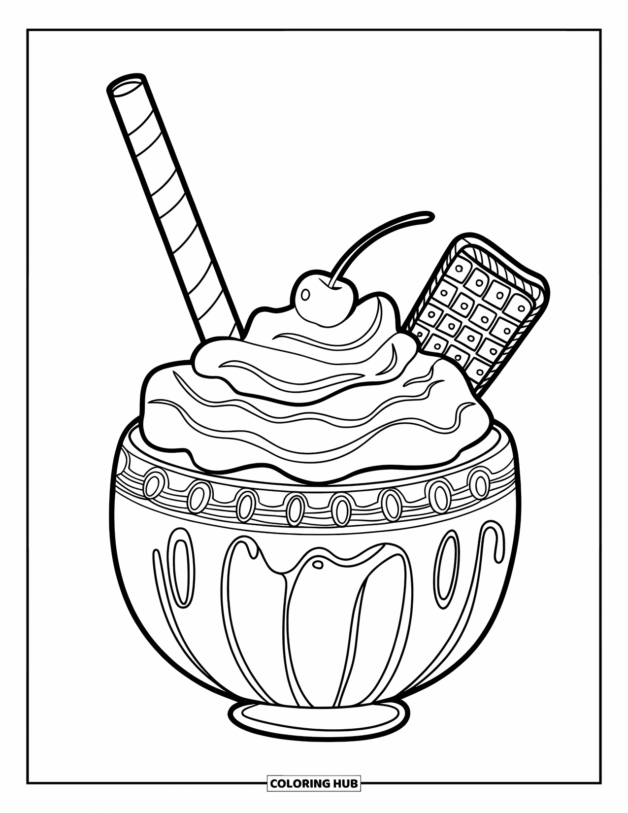 Coloriage de boisson pour enfants : Un milkshake dans un bol avec des filets de chocolat et de caramel est garni de crème fouettée