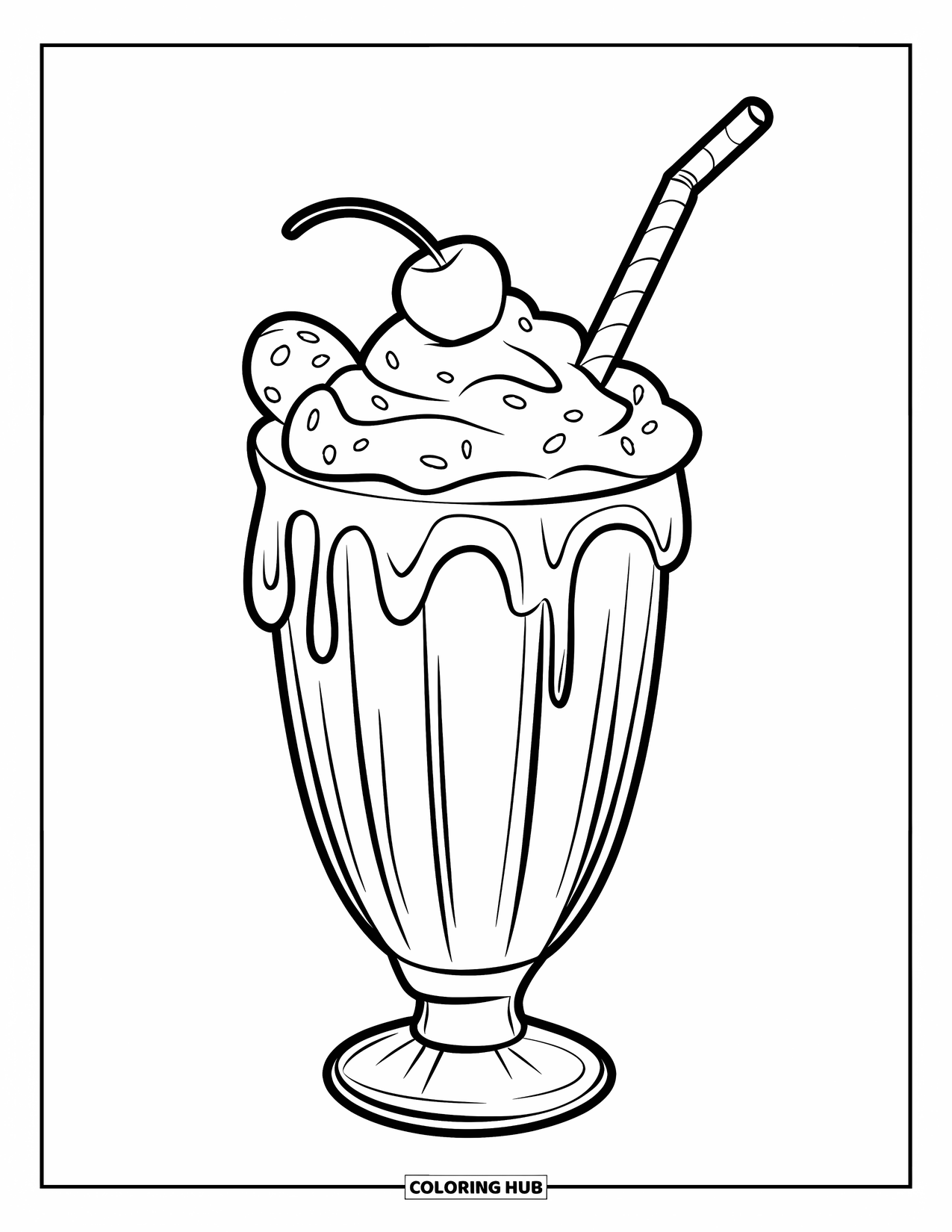 Coloriage de boisson pour enfants : Un milkshake dans un verre avec de la crème fouettée, une paille et une cerise est posé sur une table