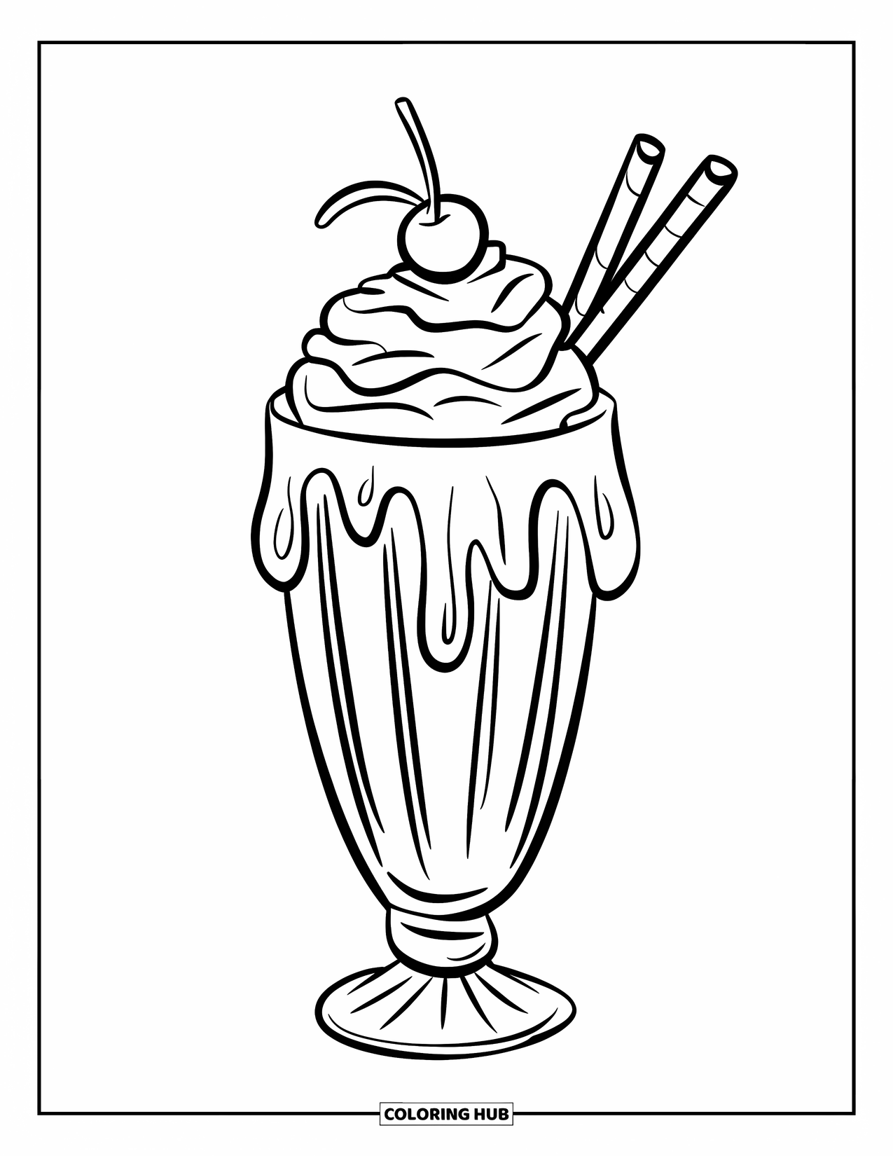 Coloriage de boisson pour enfants : Un milkshake avec une cerise sur le dessus est servi dans un grand verre avec une paille et une cuillère