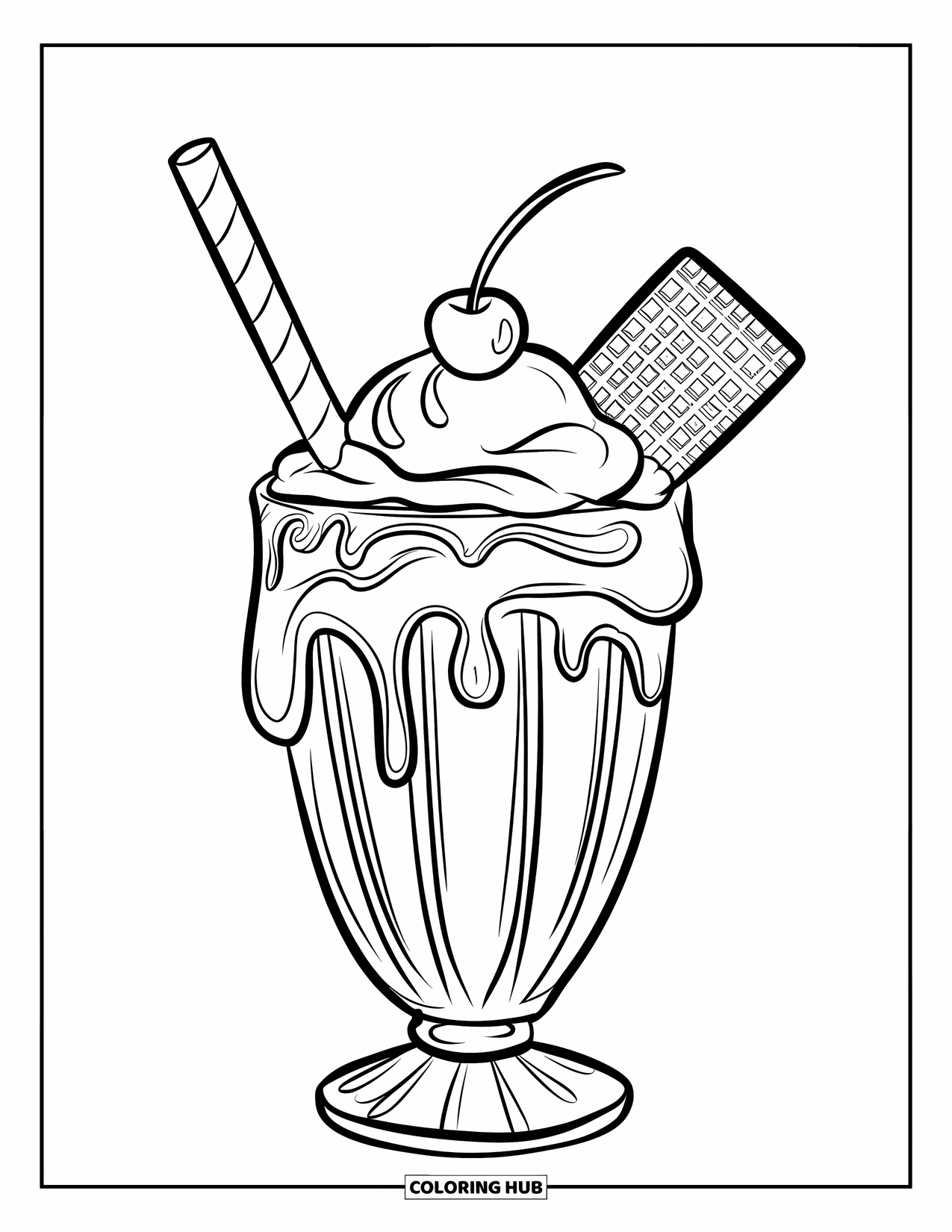 Coloriage de boisson pour enfants : Un milkshake avec une cerise sur le dessus est servi dans un verre au design vintage avec une paille rayée