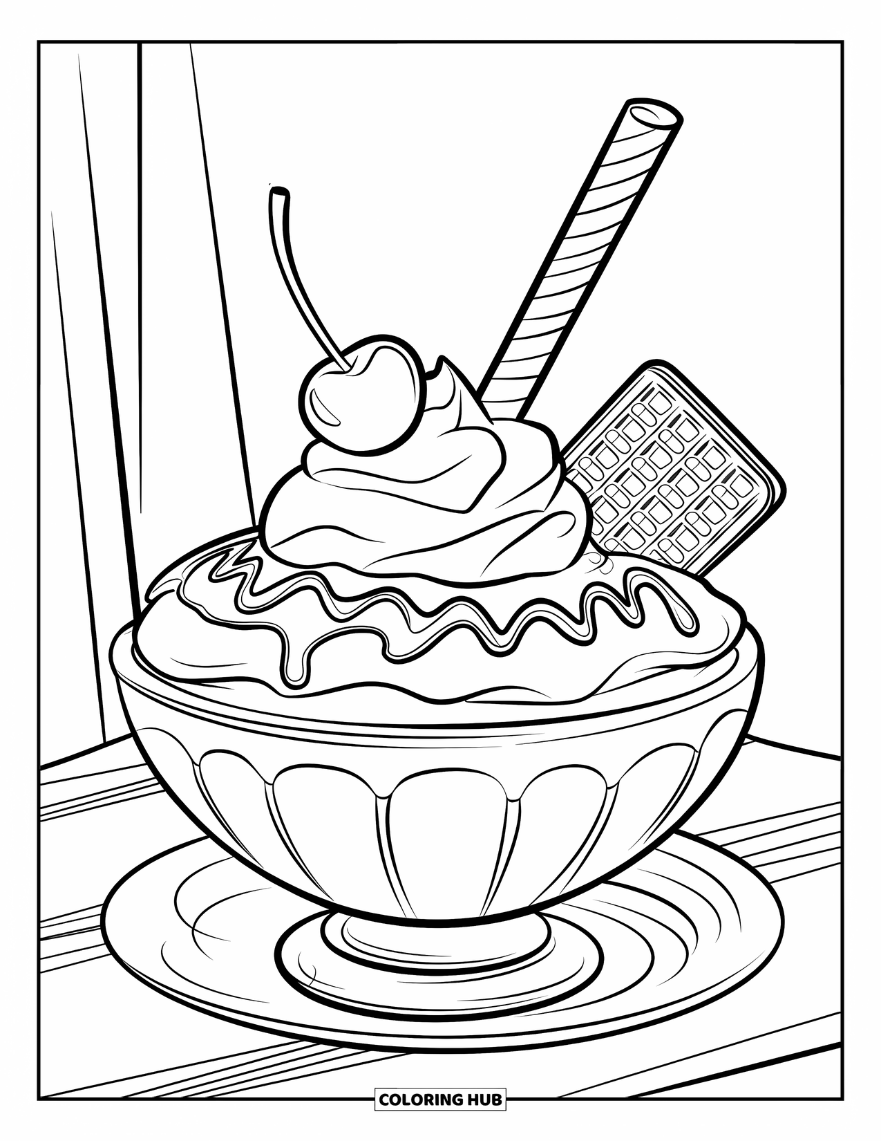 Coloriage de boisson pour enfants : Un milkshake avec une gaufrette et une paille rayée est servi dans un bol avec des filets de caramel