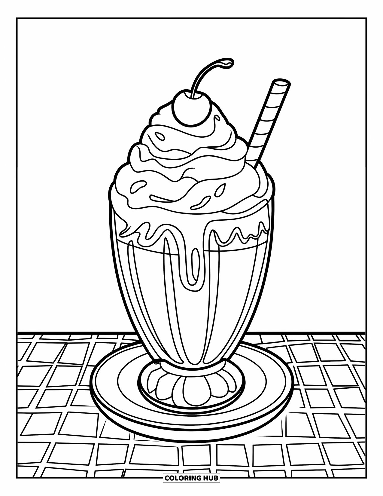 Coloriage de boisson pour enfants : Un milkshake avec de la crème fouettée et une cerise est servi dans un bol sur une nappe à carreaux