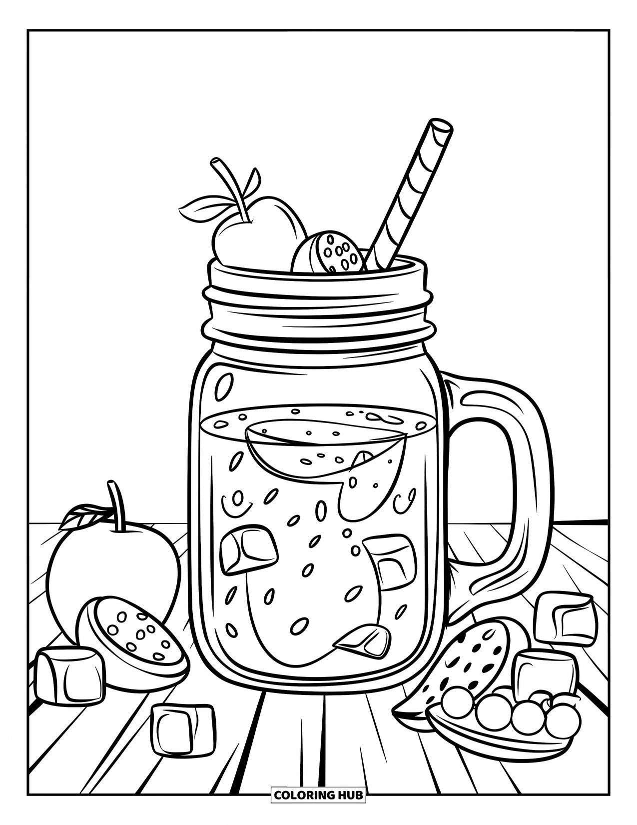Coloriage de boisson pour enfants : Un bocal Mason rempli de smoothie repose sur une table en bois, entouré de fruits frais et de glaçons