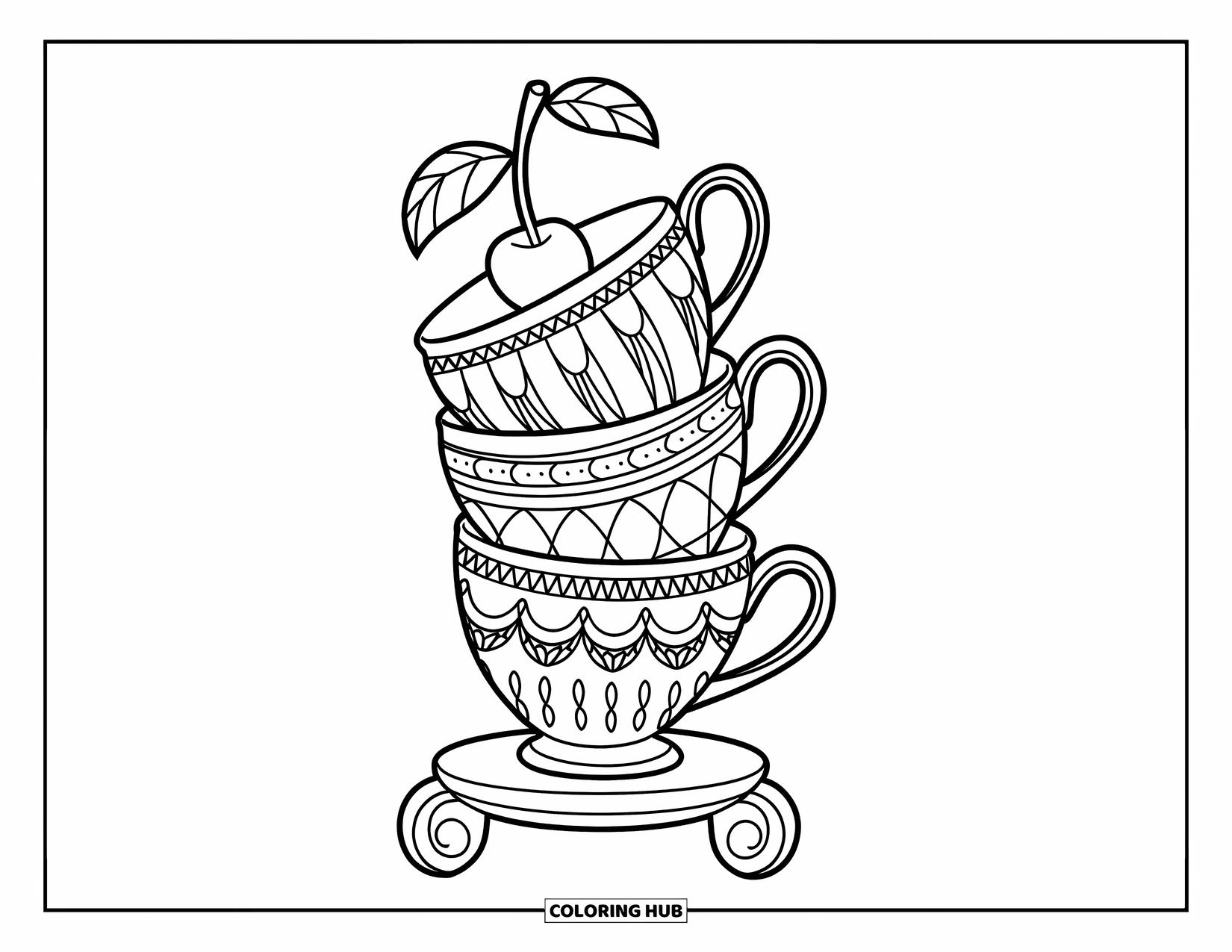 Coloriage de boisson pour enfants : Une pile de tasses à thé décoratives avec une cerise sur le dessus repose sur un support en bois