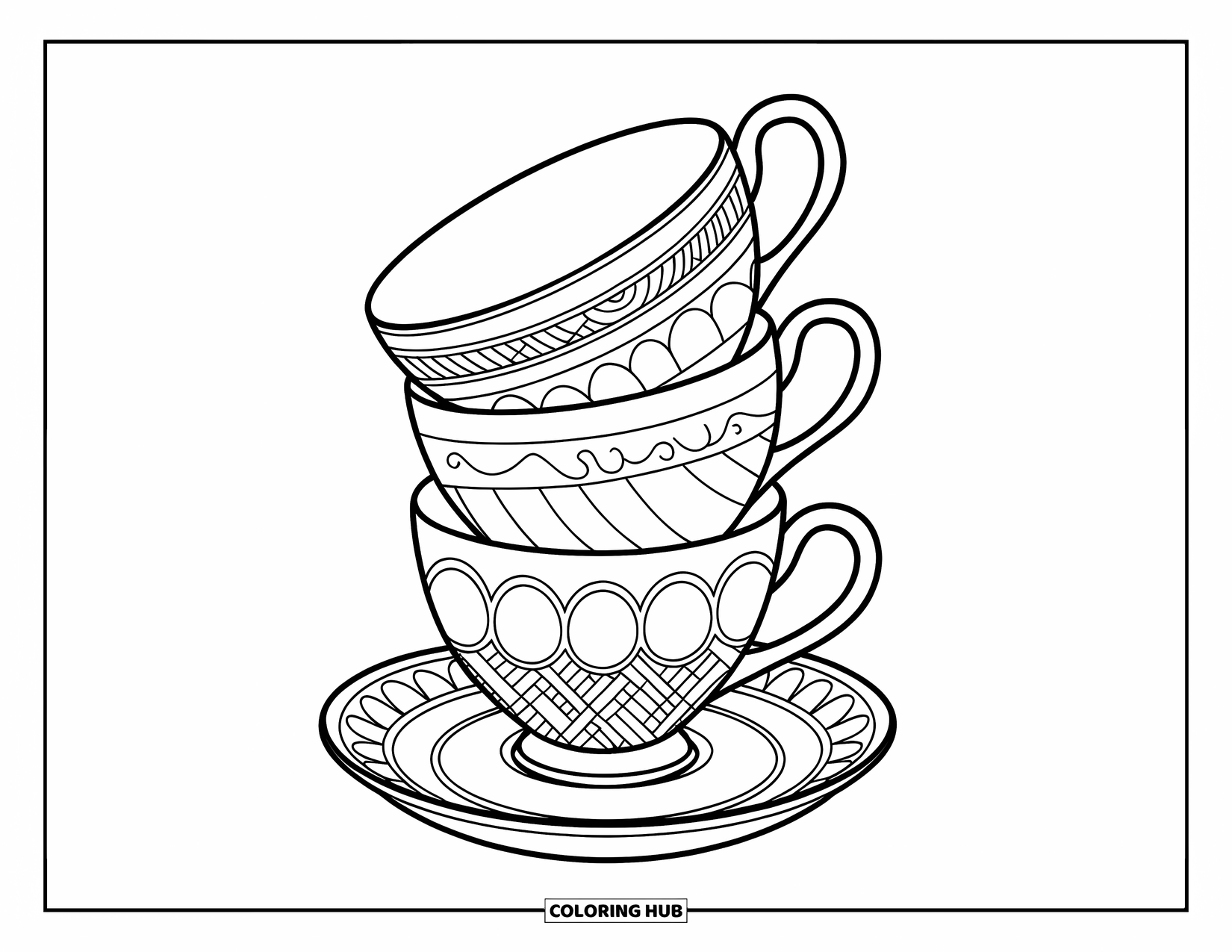 Coloriage de boisson pour enfants : Une pile de tasses à thé avec différents motifs est posée sur une assiette, légèrement inclinée pour un look ludique