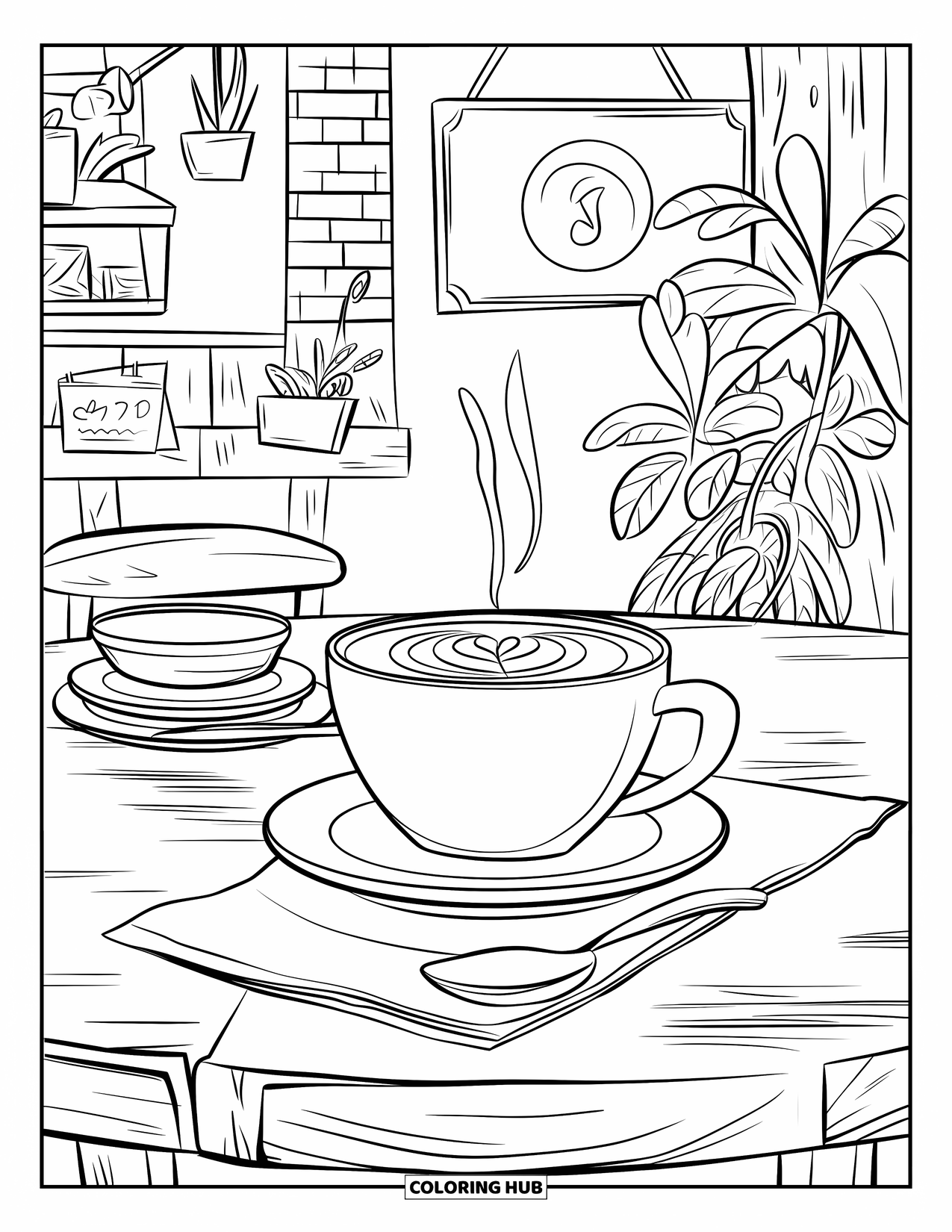 Coloriage de boisson pour enfants : Un latte fumant est posé sur une table rustique dans un café avec des chaises et des plantes en pot
