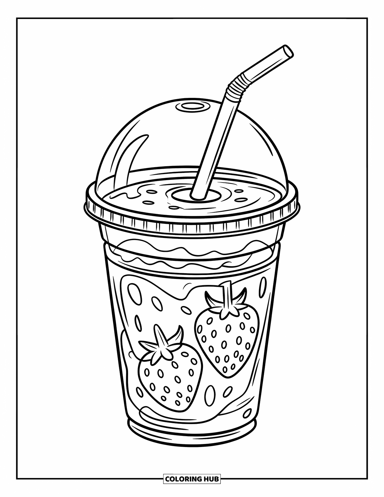 Coloriage de boisson pour enfants : Un smoothie aux fraises dans un gobelet en plastique avec une paille est posé sur un fond blanc