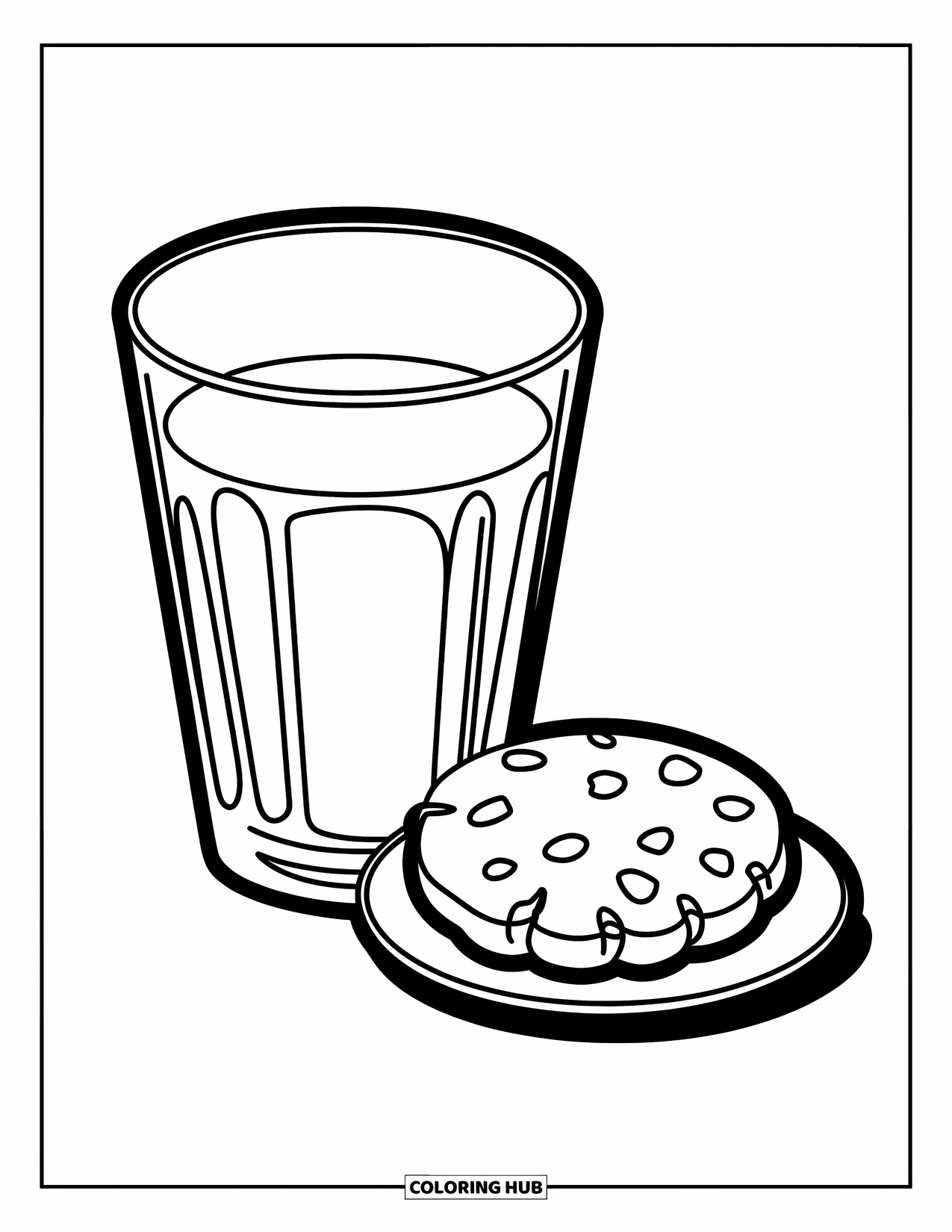 Coloriage de boisson pour enfants : Un grand verre de lait avec un biscuit sur une soucoupe est posé sur un fond blanc