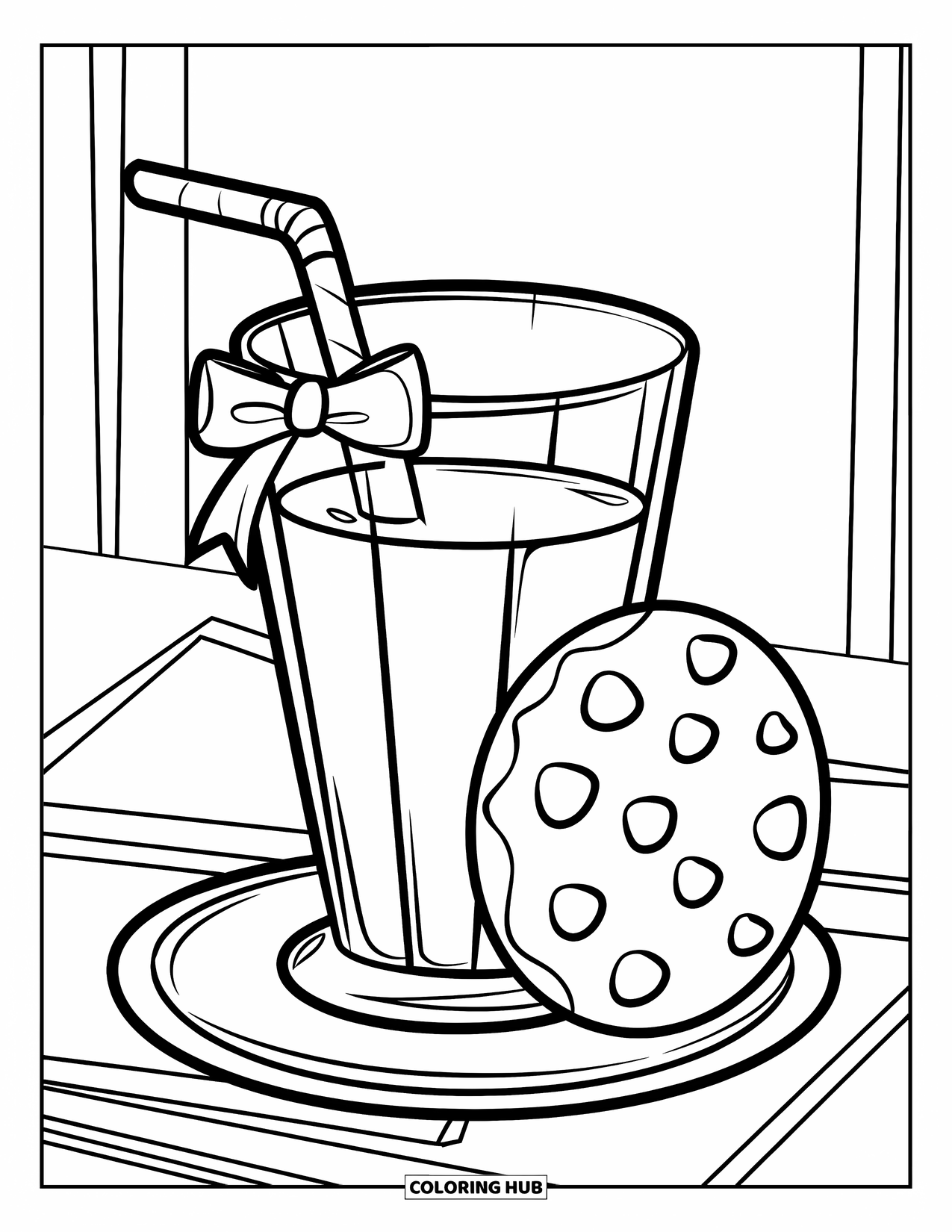 Coloriage de boisson pour enfants : Un grand verre de lait avec une paille et un biscuit aux pépites de chocolat est posé sur un fond blanc uni
